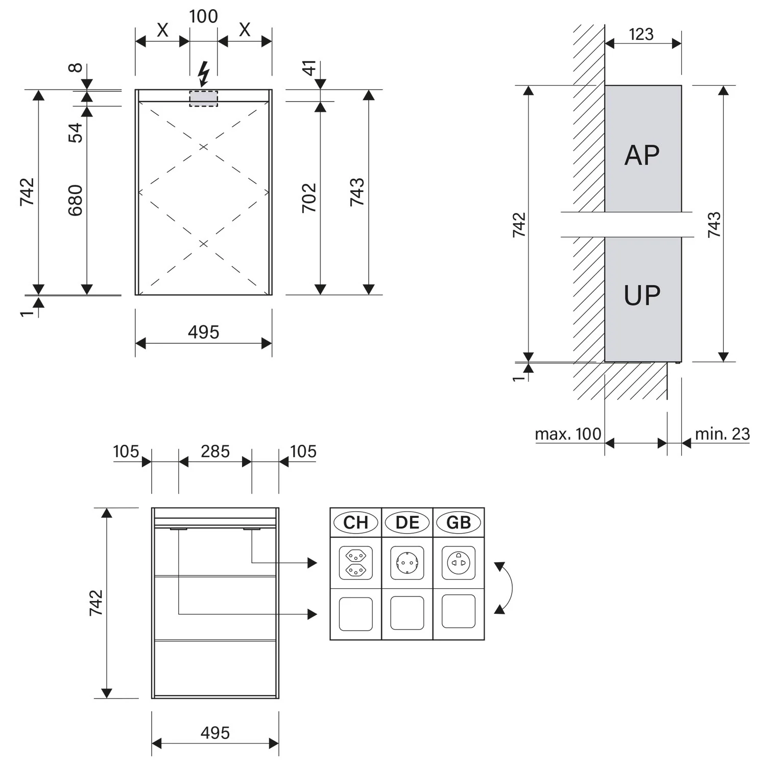 Rysunek techniczny szafki z lustrem z wymiarami, Schneider