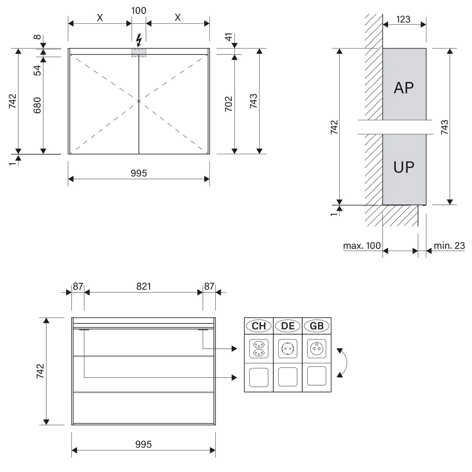 Rysunek techniczny szafki lustrzanej LED z wymiarami, Schneider