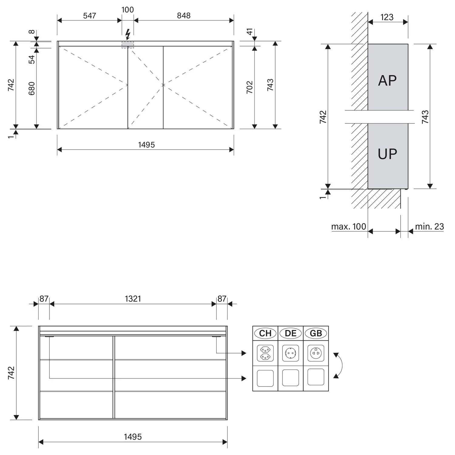 Rysunek wymiarowy szafki z lustrem LED, Schneider