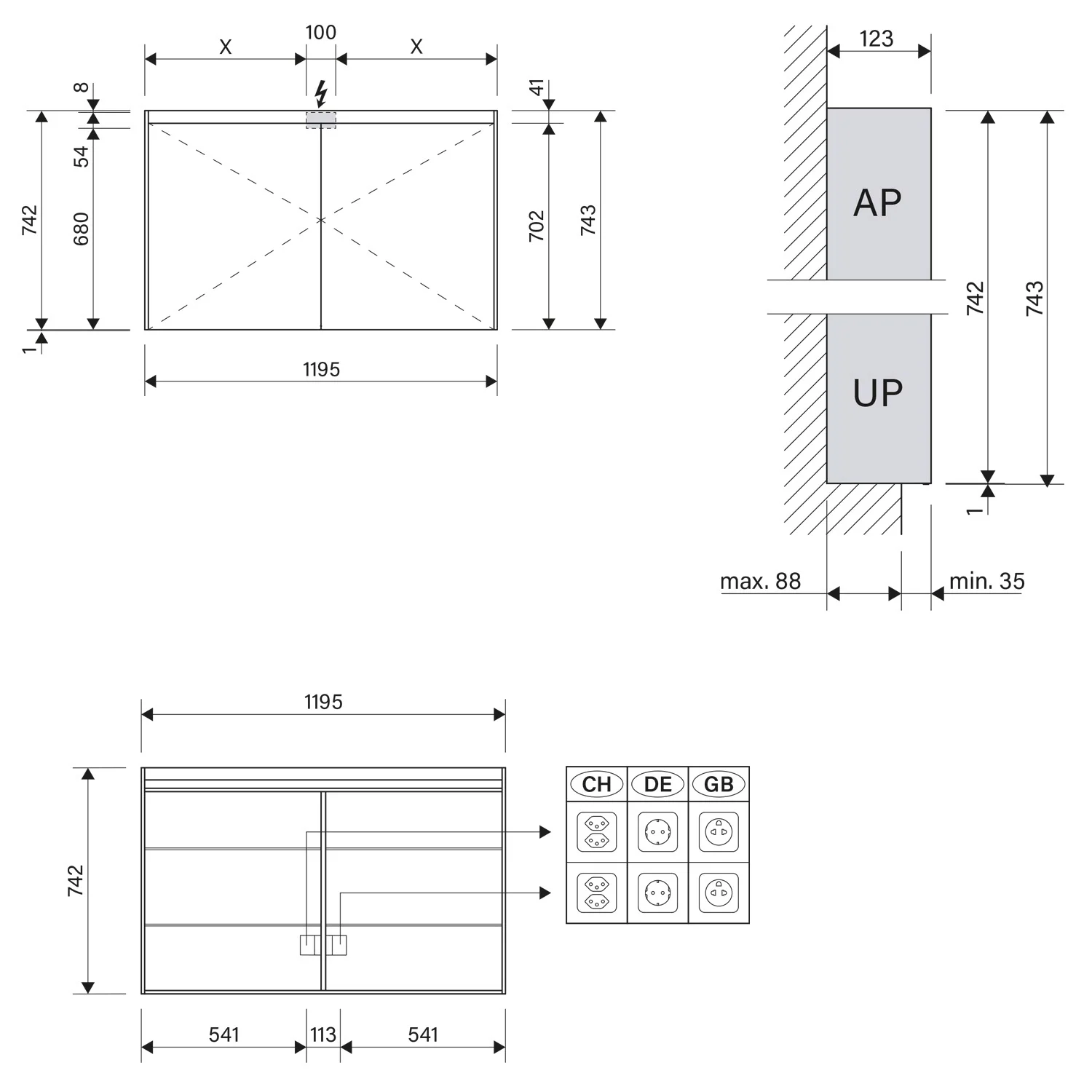Rysunek techniczny szafki lustrzanej LED z wymiarami, Schneider