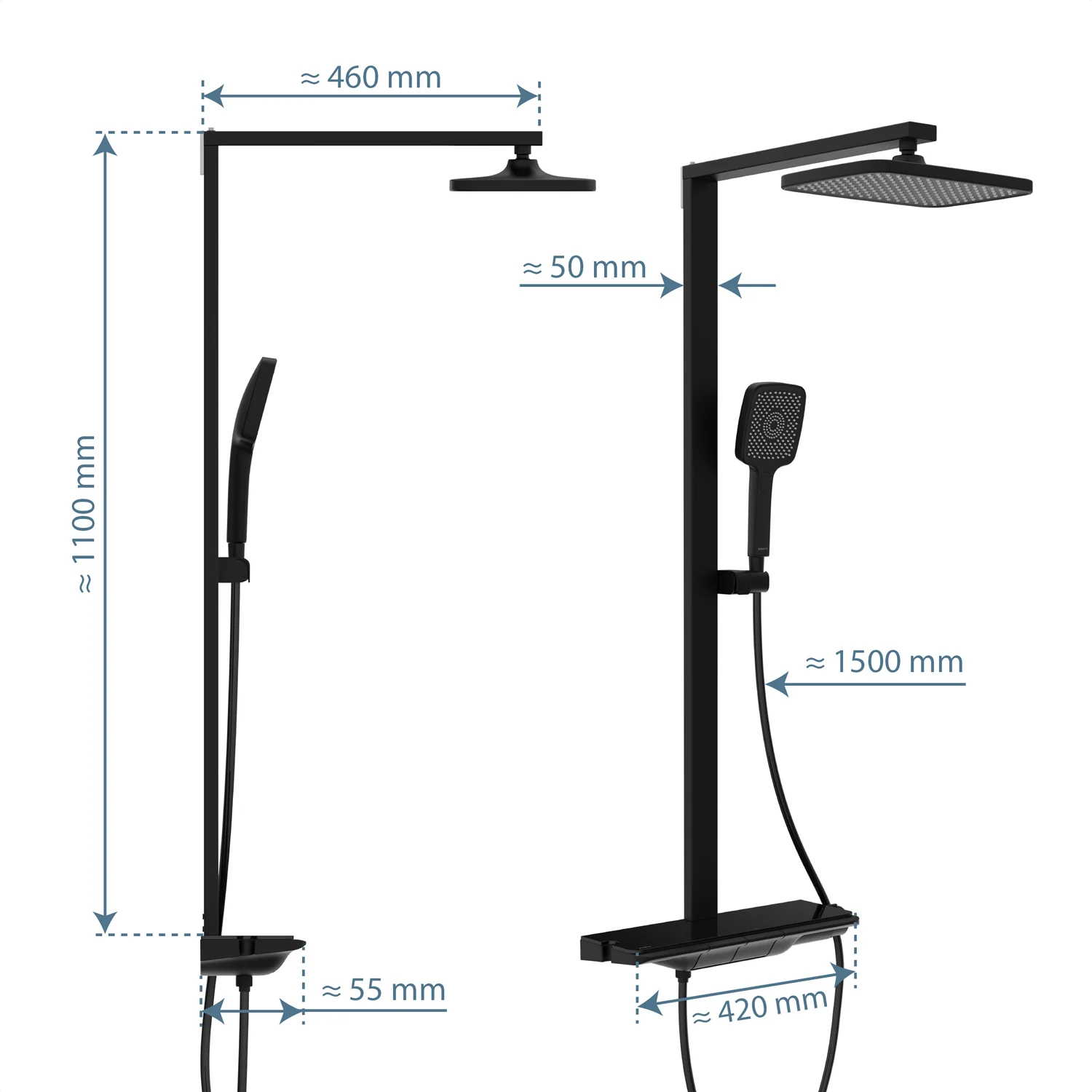 Rysunek techniczny systemu prysznicowego z wymiarami, Schütte