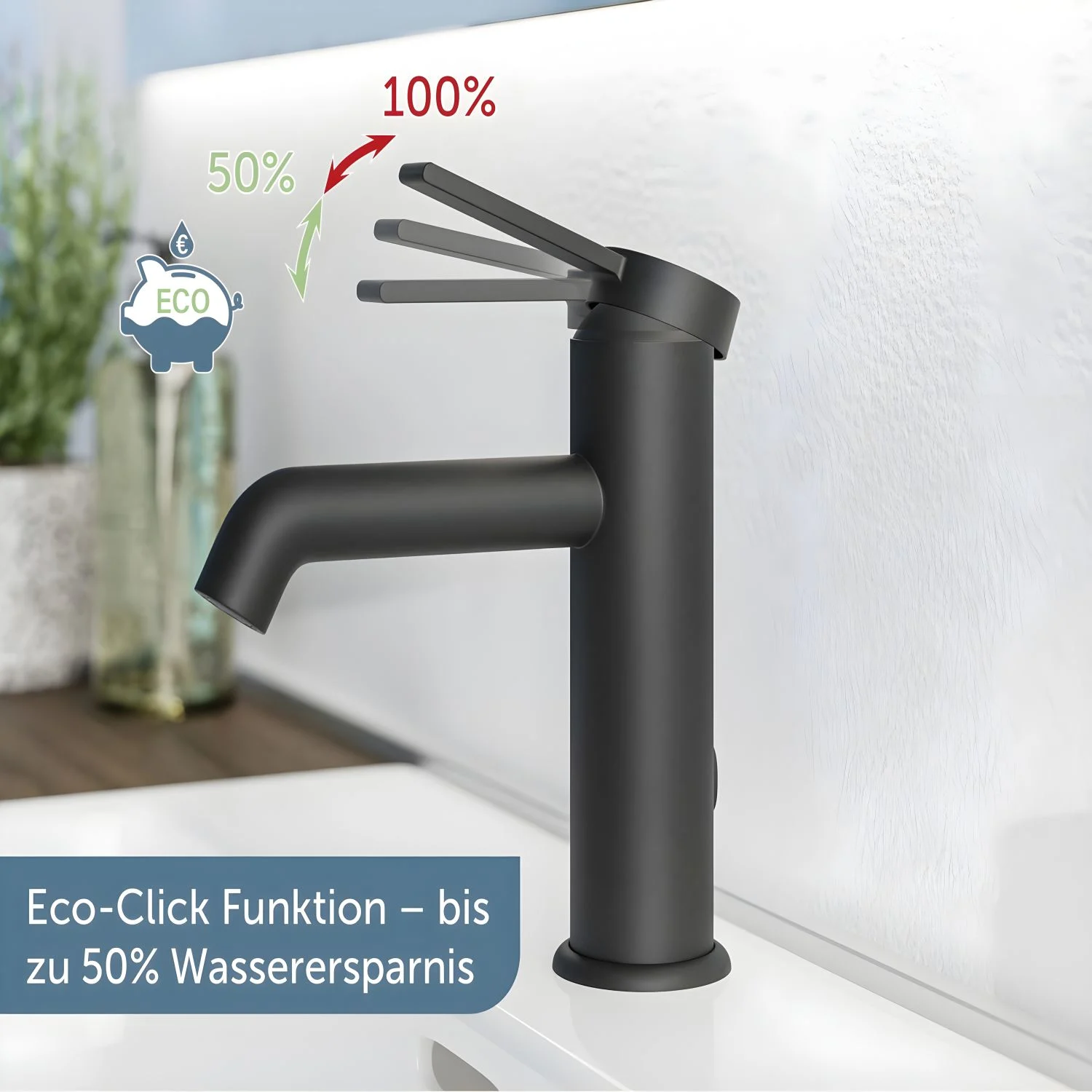 Czarna bateria umywalkowa z funkcją Eco-Click, Schütte