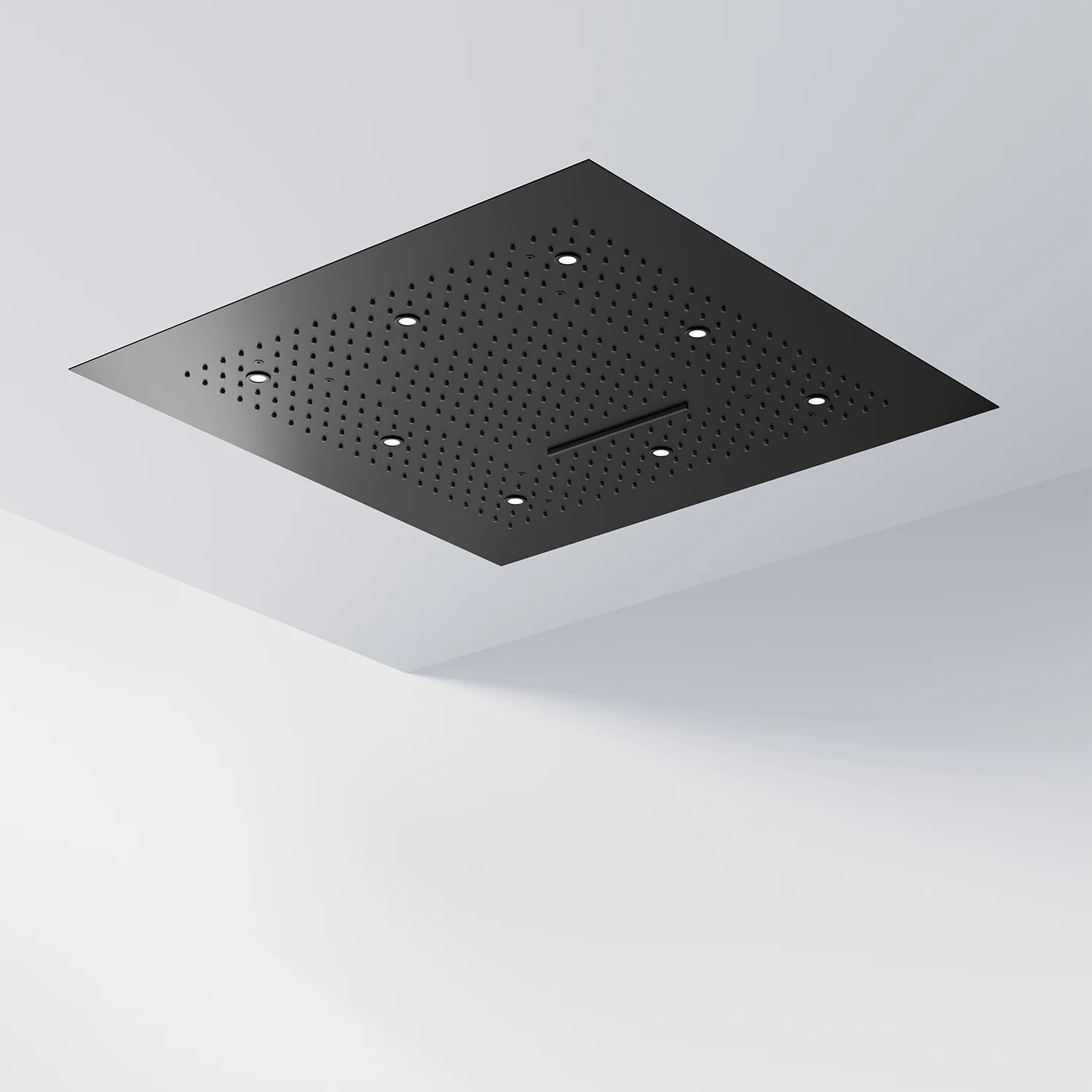 Czarna kwadratowa deszczownica sufitowa z bliska, Steinberg
