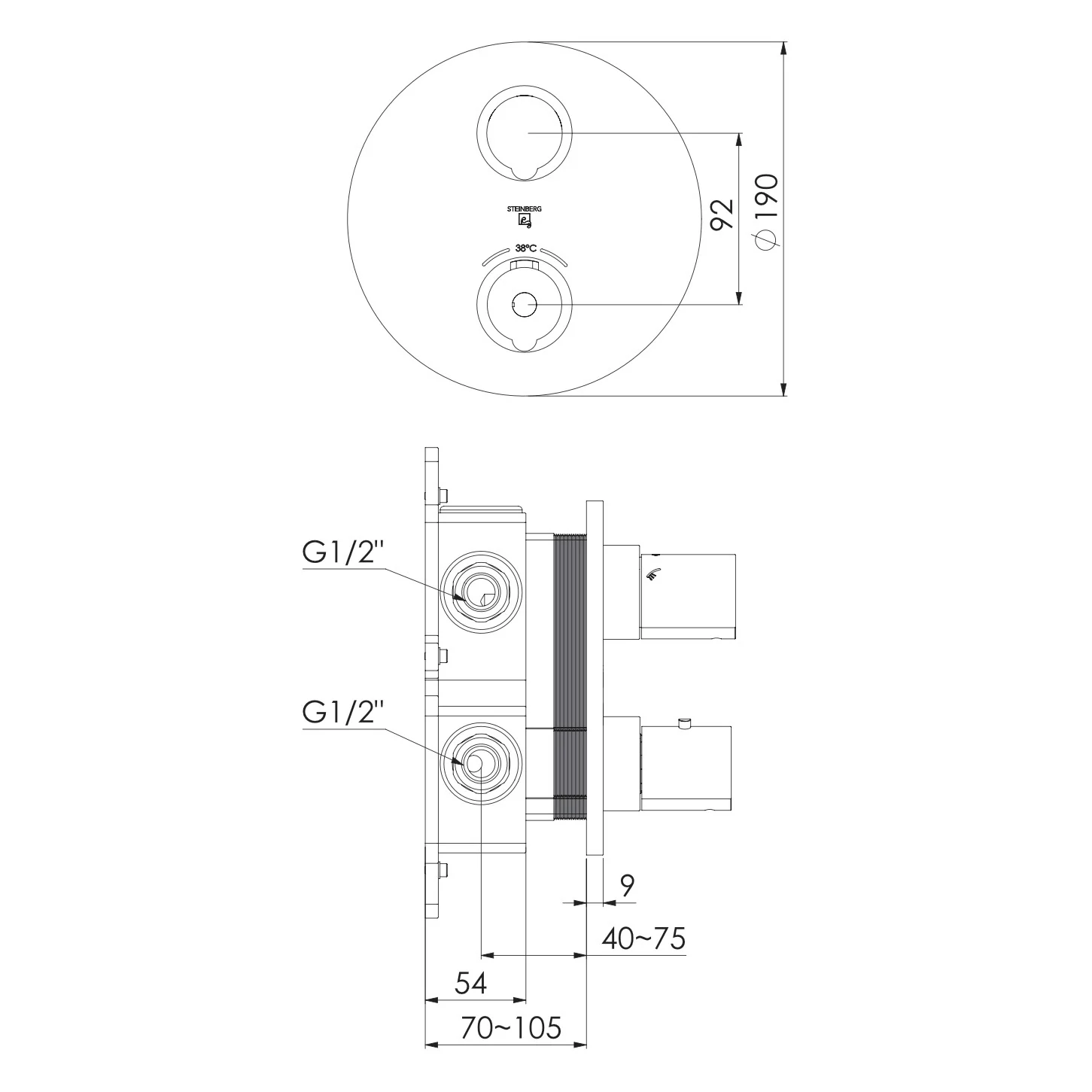 Rysunek techniczny termostatu podtynkowego z wymiarami, Steinberg