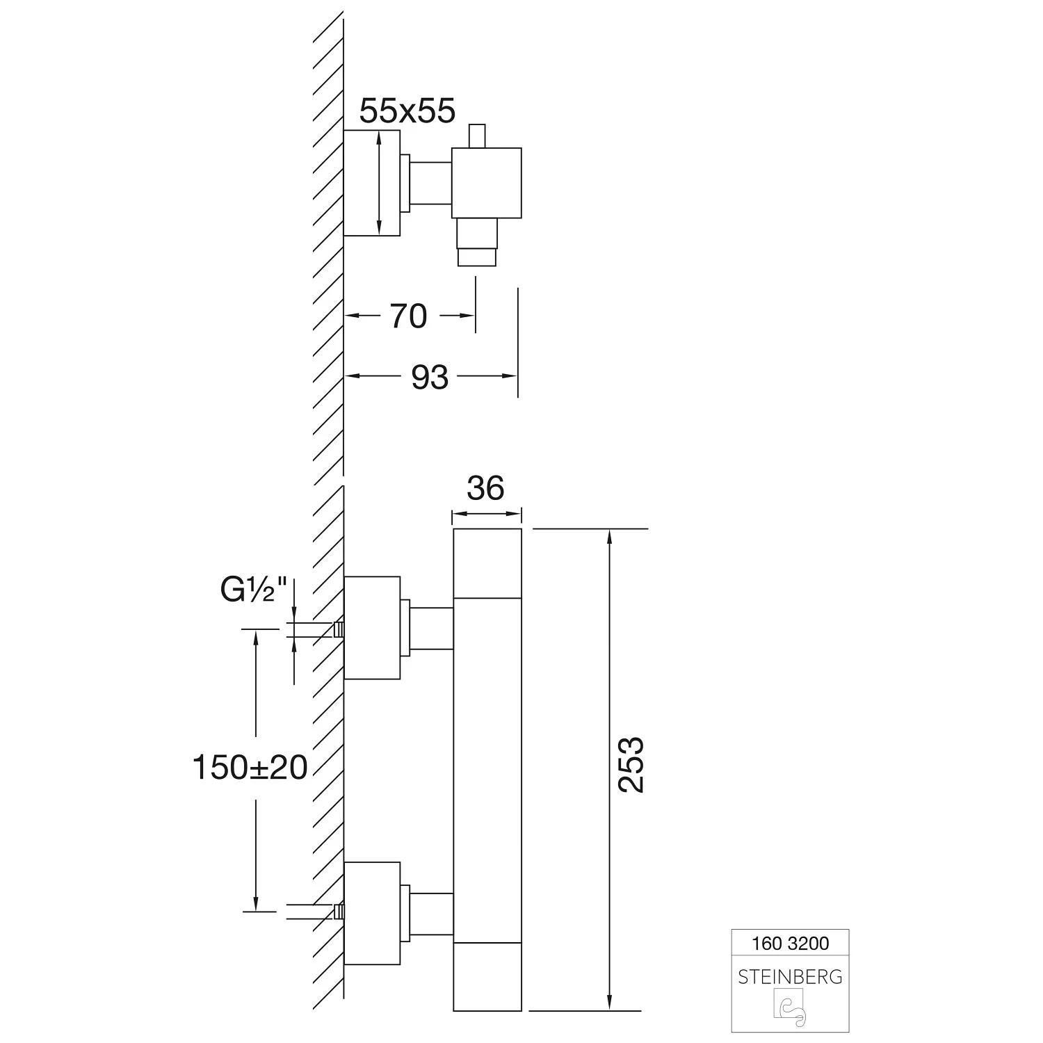 Rysunek techniczny termostatu natynkowego z wymiarami, Steinberg