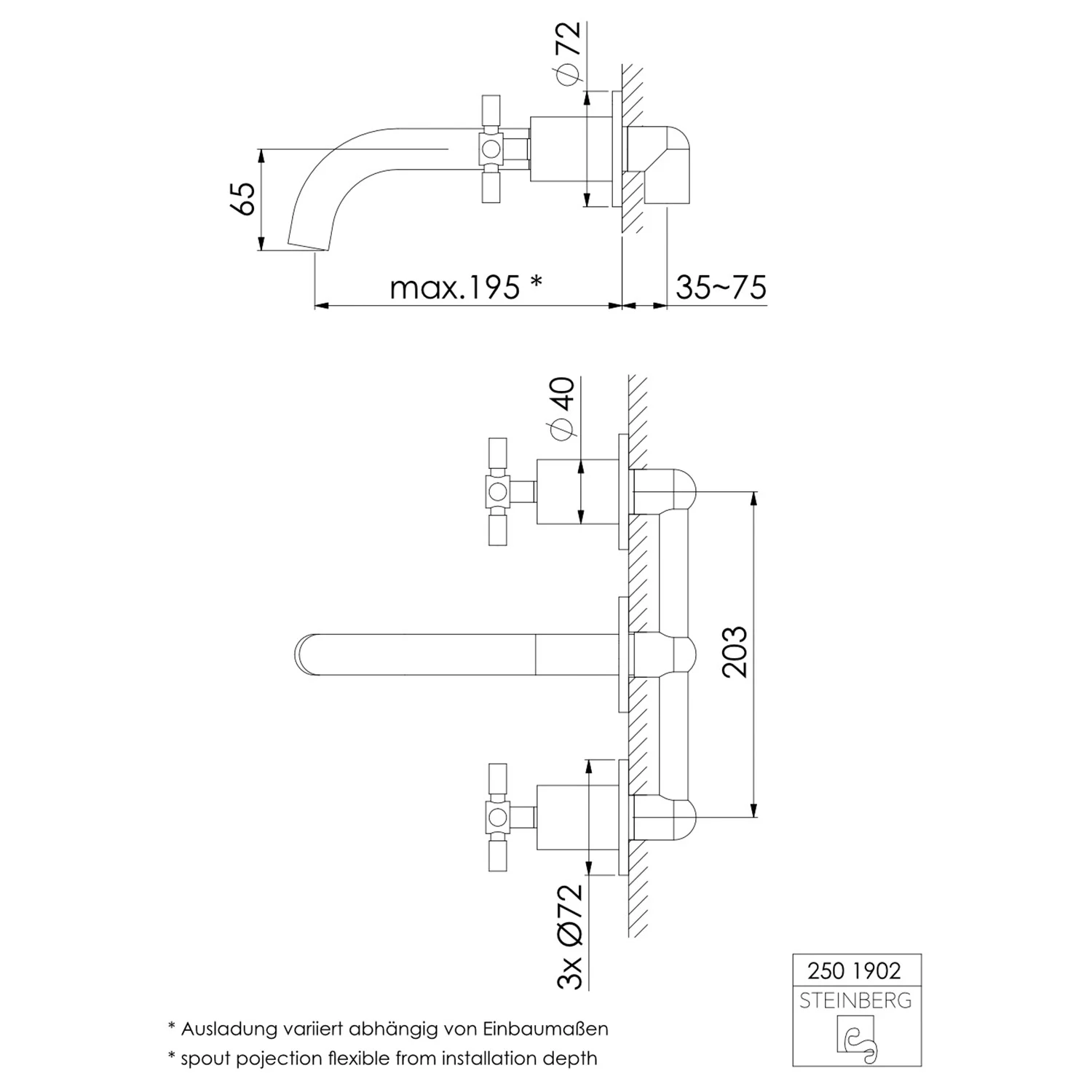 Steinberg Serie 250 3-Loch Waschtischarmatur zur Wandmontage Bild 4