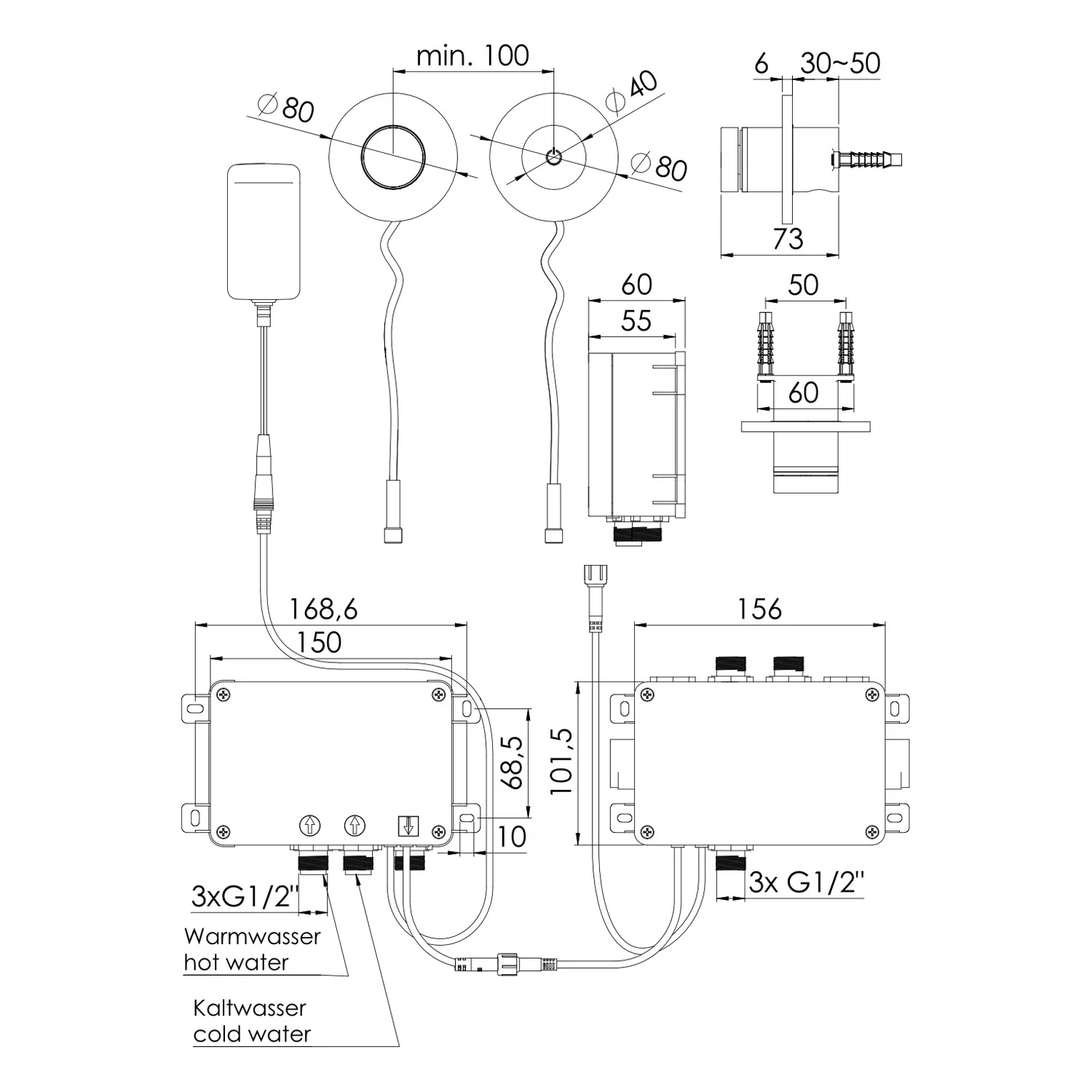 Rysunek techniczny elektronicznej armatury prysznicowej, Steinberg