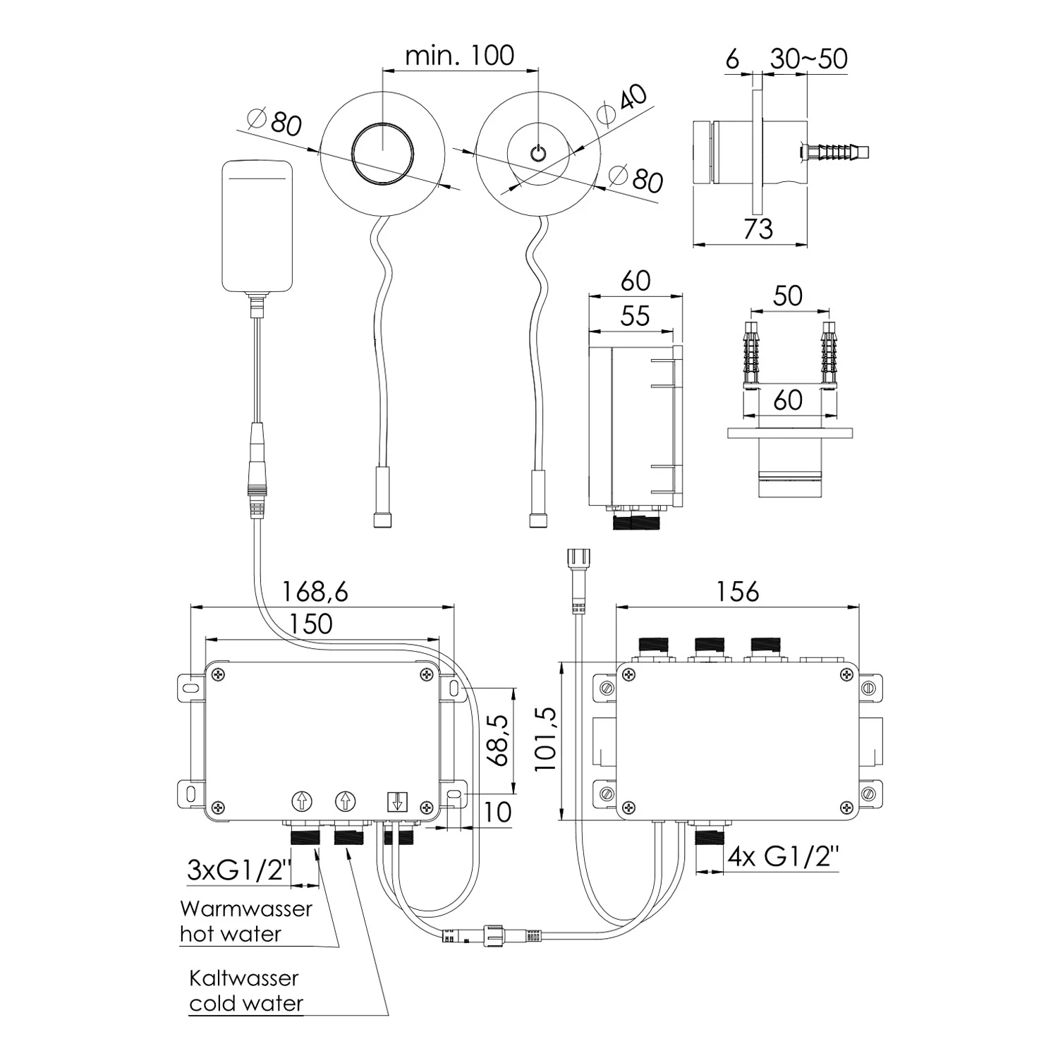 Rysunek techniczny elektronicznej armatury prysznicowej, Steinberg