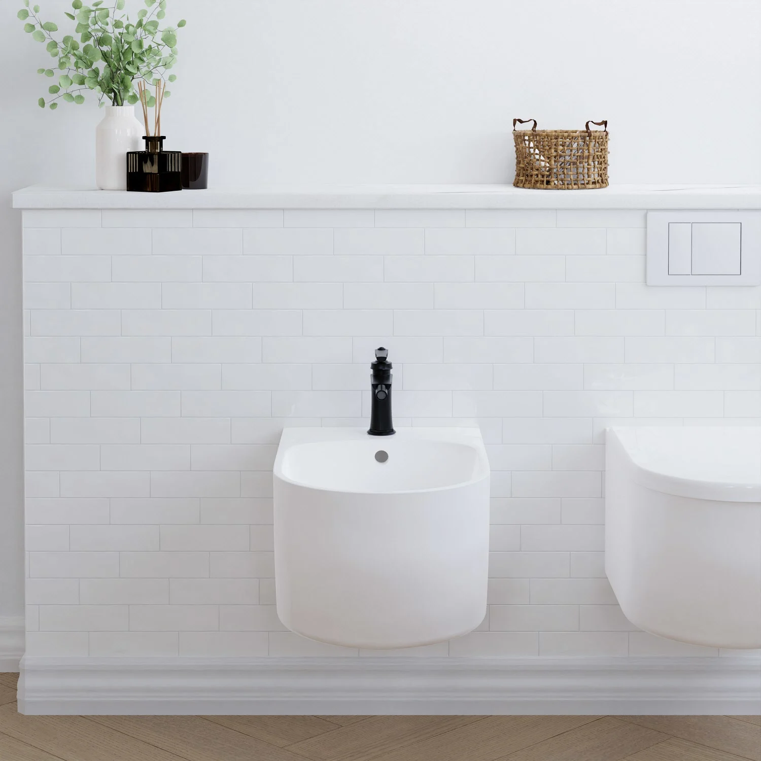 Biała bidet z czarnym jednouchwytowym mieszaczem w łazience, Steinberg