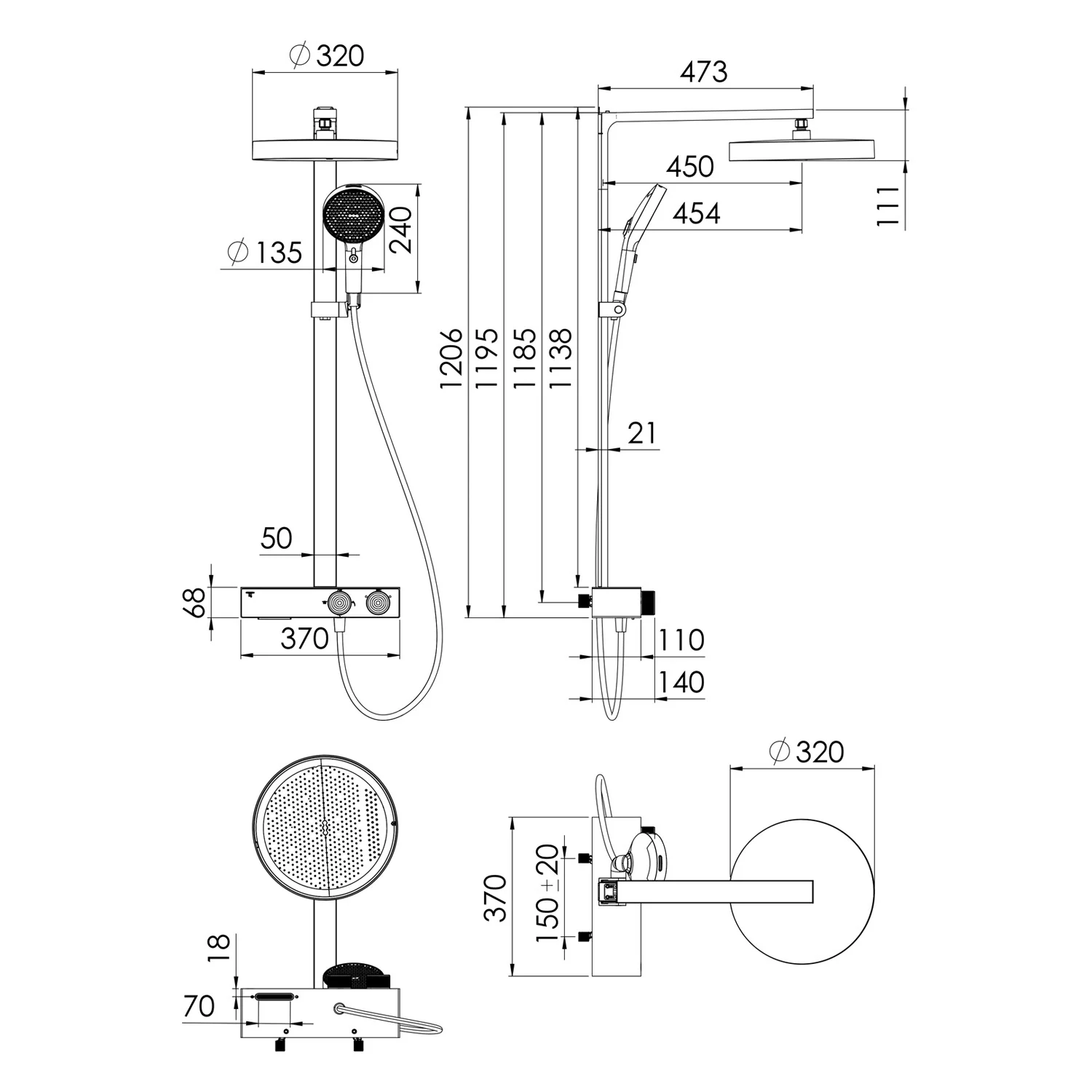 Rysunek techniczny systemu prysznicowego z wymiarami, Steinberg