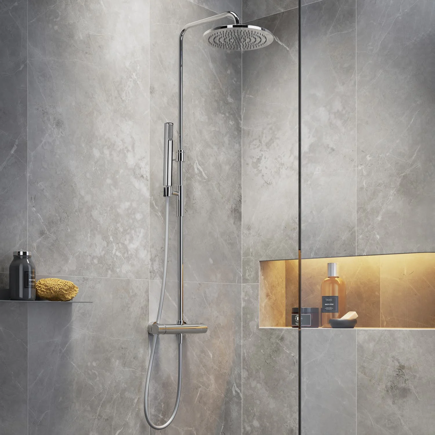 Steinkamp Living Thermostat Duschsystem AP mit Kopfbrause Ø 22,5 cm und Stabhandbrause, Höhenverstellbar