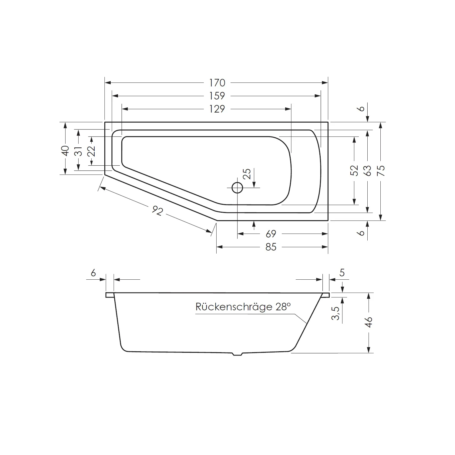 Steinkamp Life Raumsparbadewanne 170  x 75 cm links Bild 3