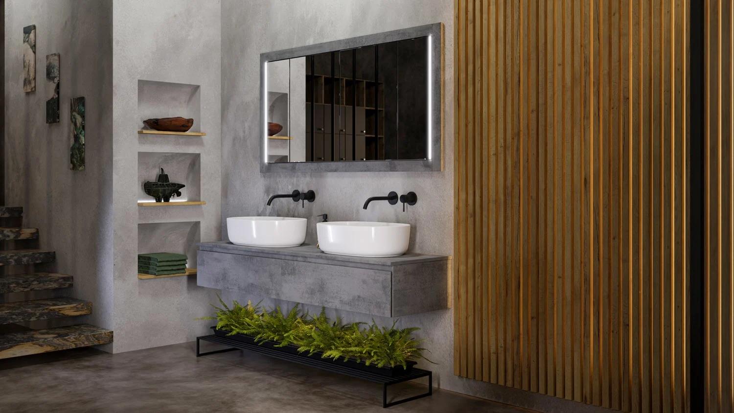 Nowoczesna łazienka z podwójną umywalką i lustrem, Steinkamp