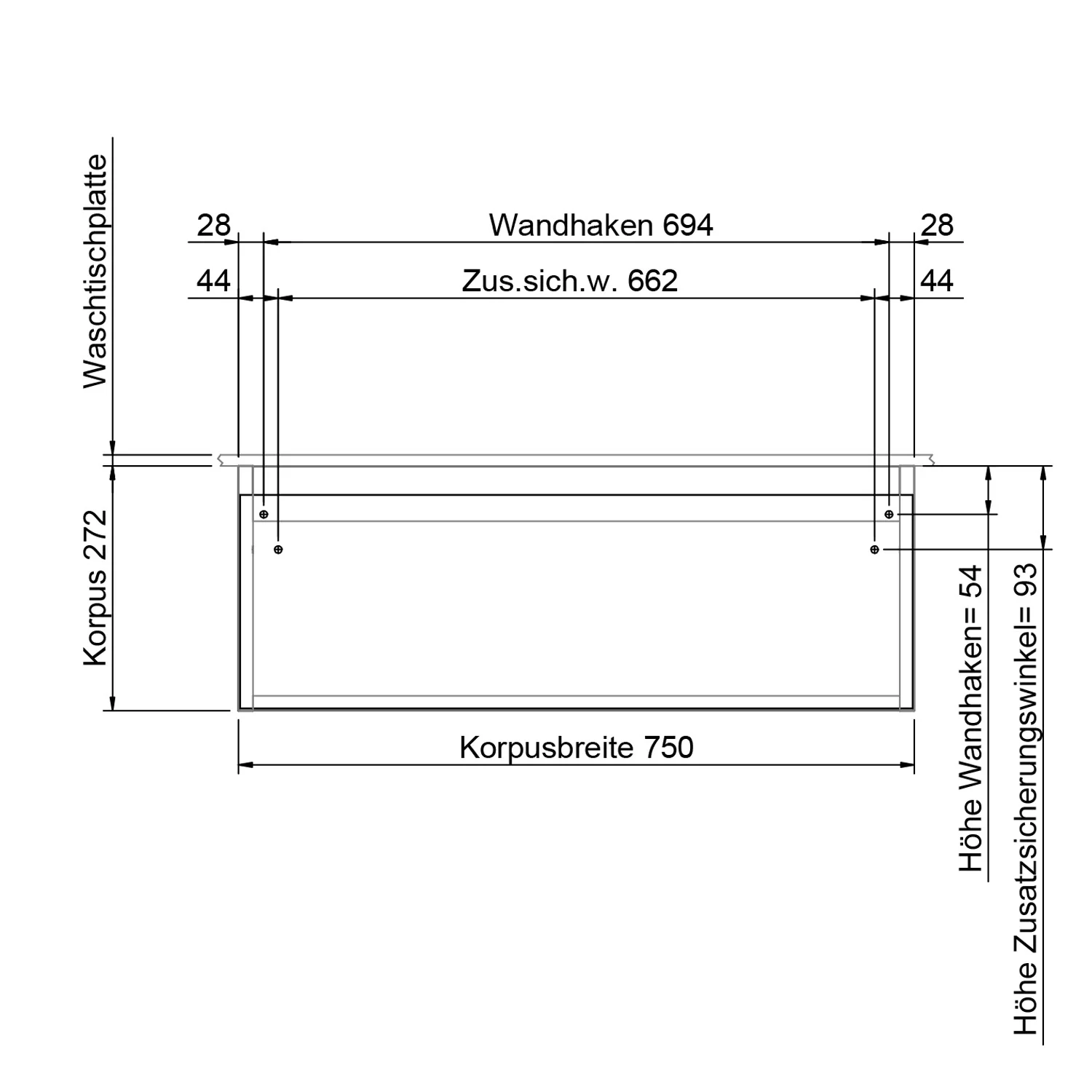 Rysunek techniczny szafki pod umywalkę 75 cm, Steinkamp