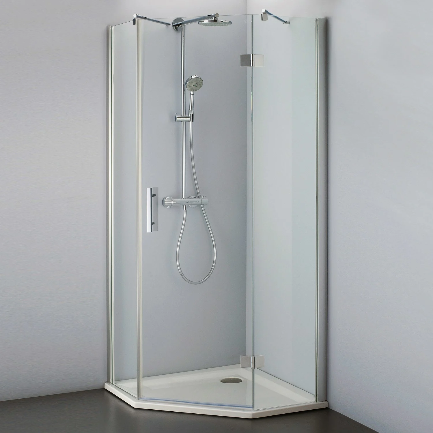 Steinkamp Lifestyle Fünfeckdusche 3-teilig 100 x 100 cm Anschlag rechts inkl. easypearl, mittig mattiert