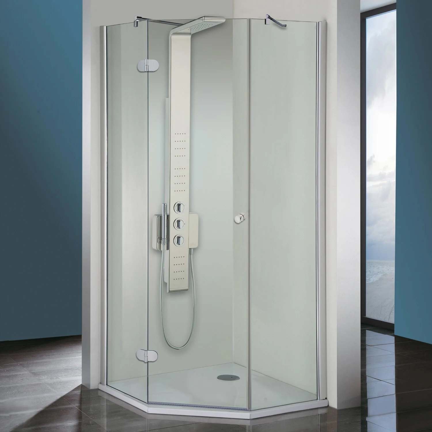 Steinkamp Living Fünfeckdusche 3-teilig 90 x 90 cm Anschlag links inkl. easypearl, mittig mattiert