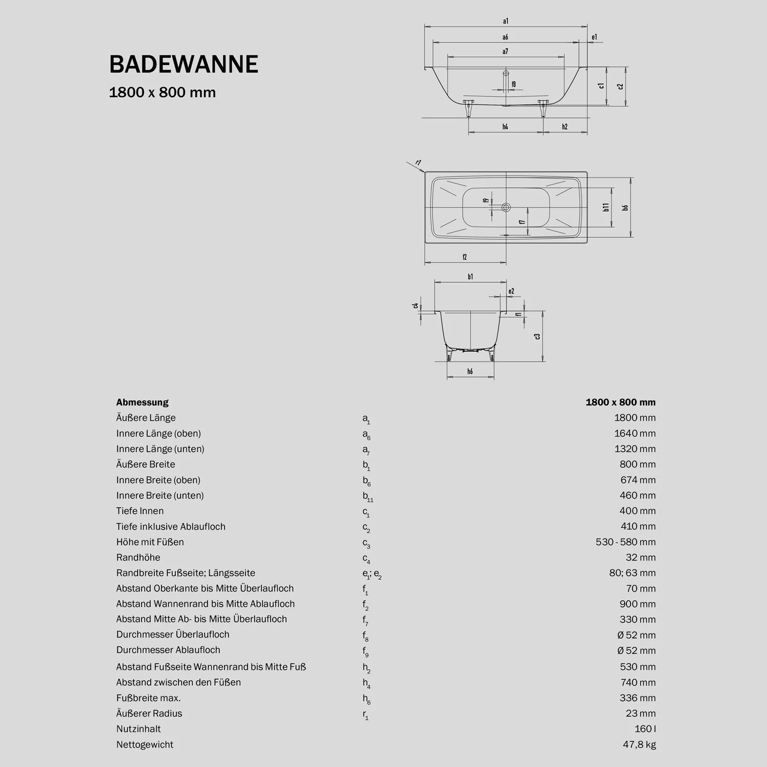 Sturotec Sturopur Duo Rechteck-Badewanne 180 x 80 cm Bild 3