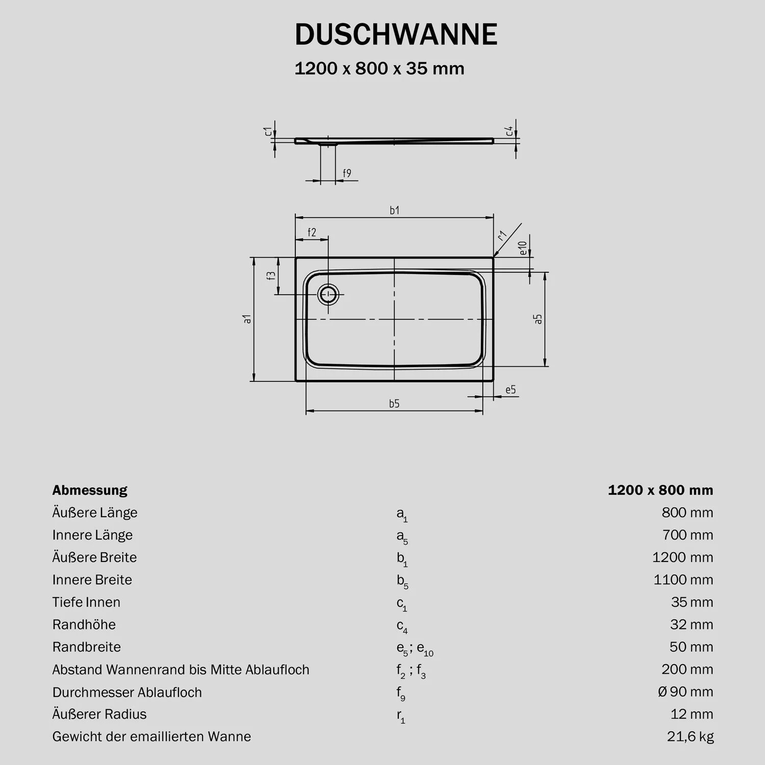 Rysunek techniczny brodzika prysznicowego 120x80 cm, Sturotec