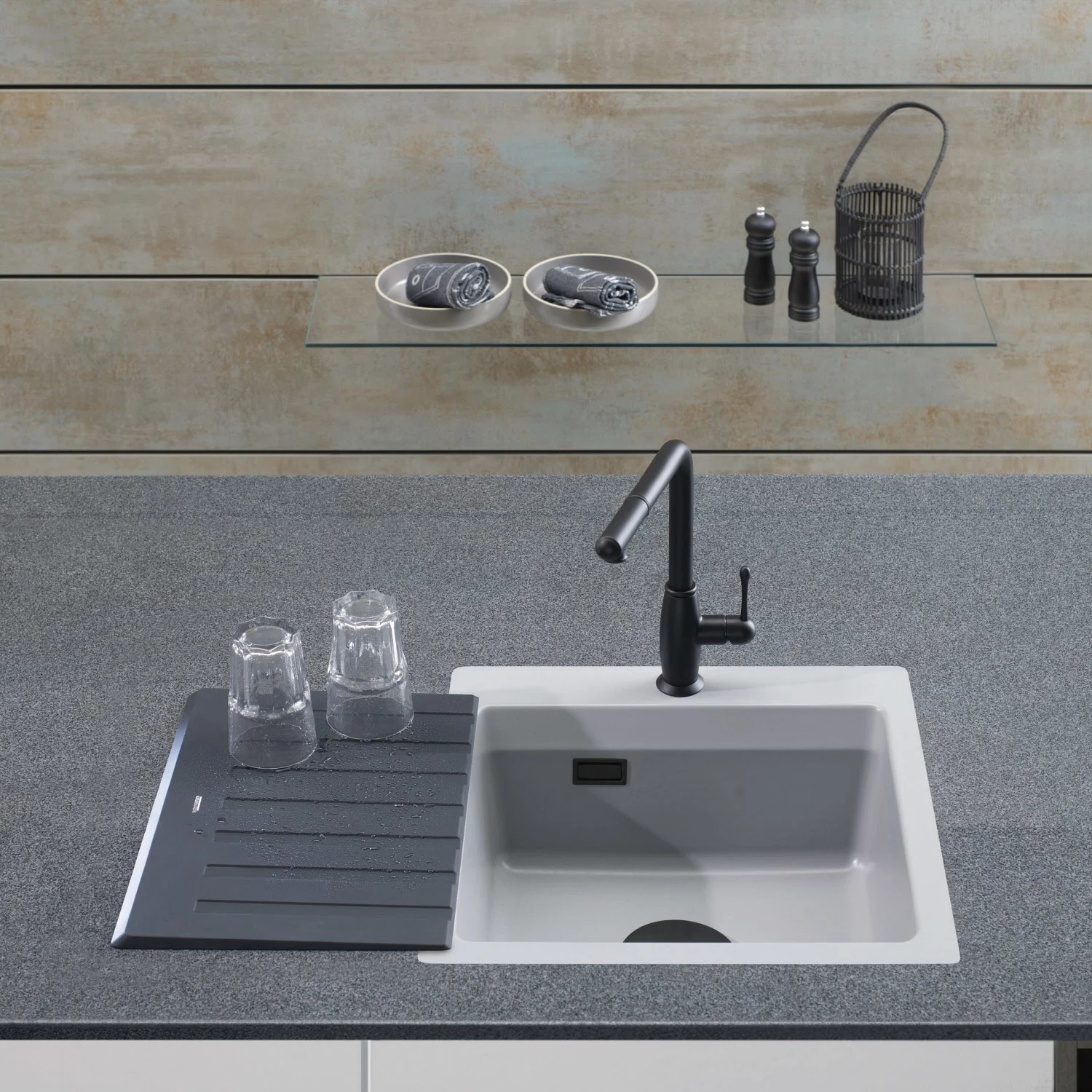 Zlewozmywak ceramiczny z czarną baterią i szklankami, Systemceram