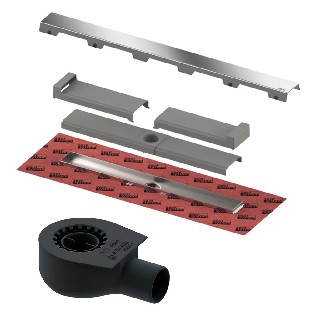 TECE TECEdrainline-Evo Komplettset 90 cm - Duschrinne mit gebürstetem Edelstahlrost und seitlichem Ablauf