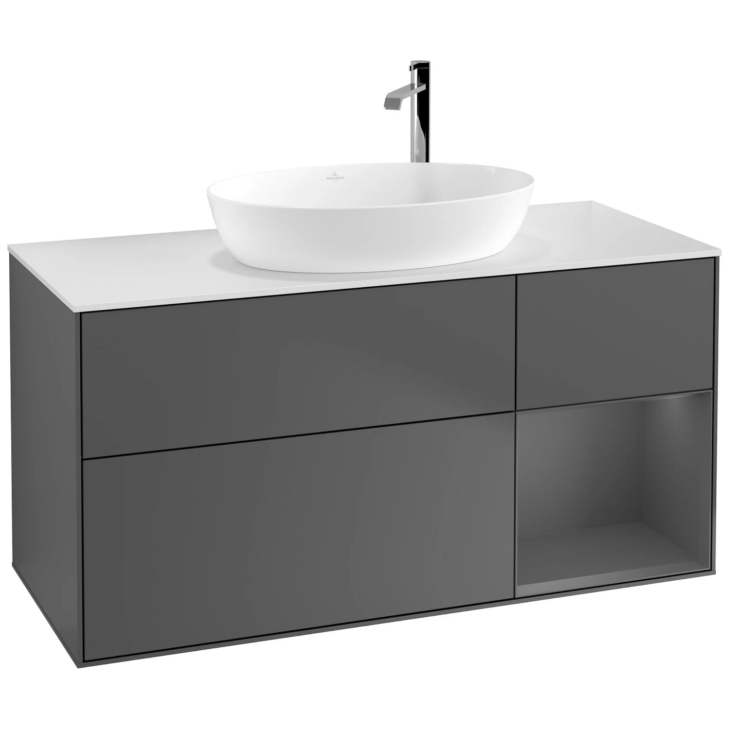 Villeroy & Boch Finion Waschtischunterschrank 120 cm mit Regalelement rechts, Abdeckplatte, Wandbeleuchtung