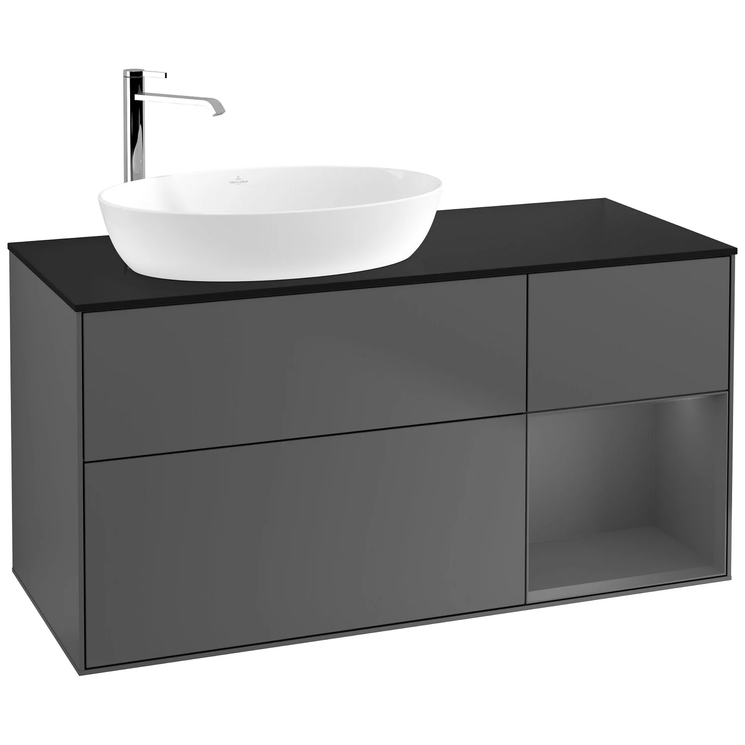 Villeroy & Boch Finion Waschtischunterschrank 120 cm mit Regalelement rechts, Abdeckplatte, Wandbeleuchtung