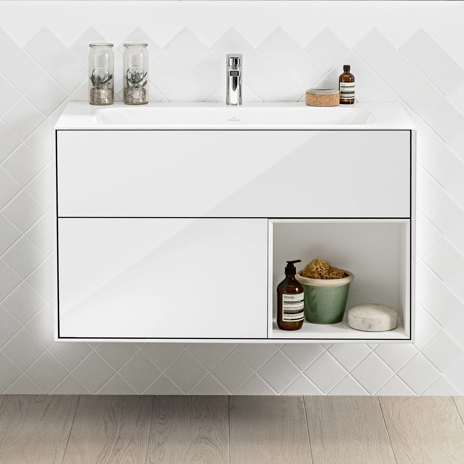 Villeroy & Boch Finion Waschtischunterschrank 99,6 cm mit Regalelement rechts, 2 Auszügen