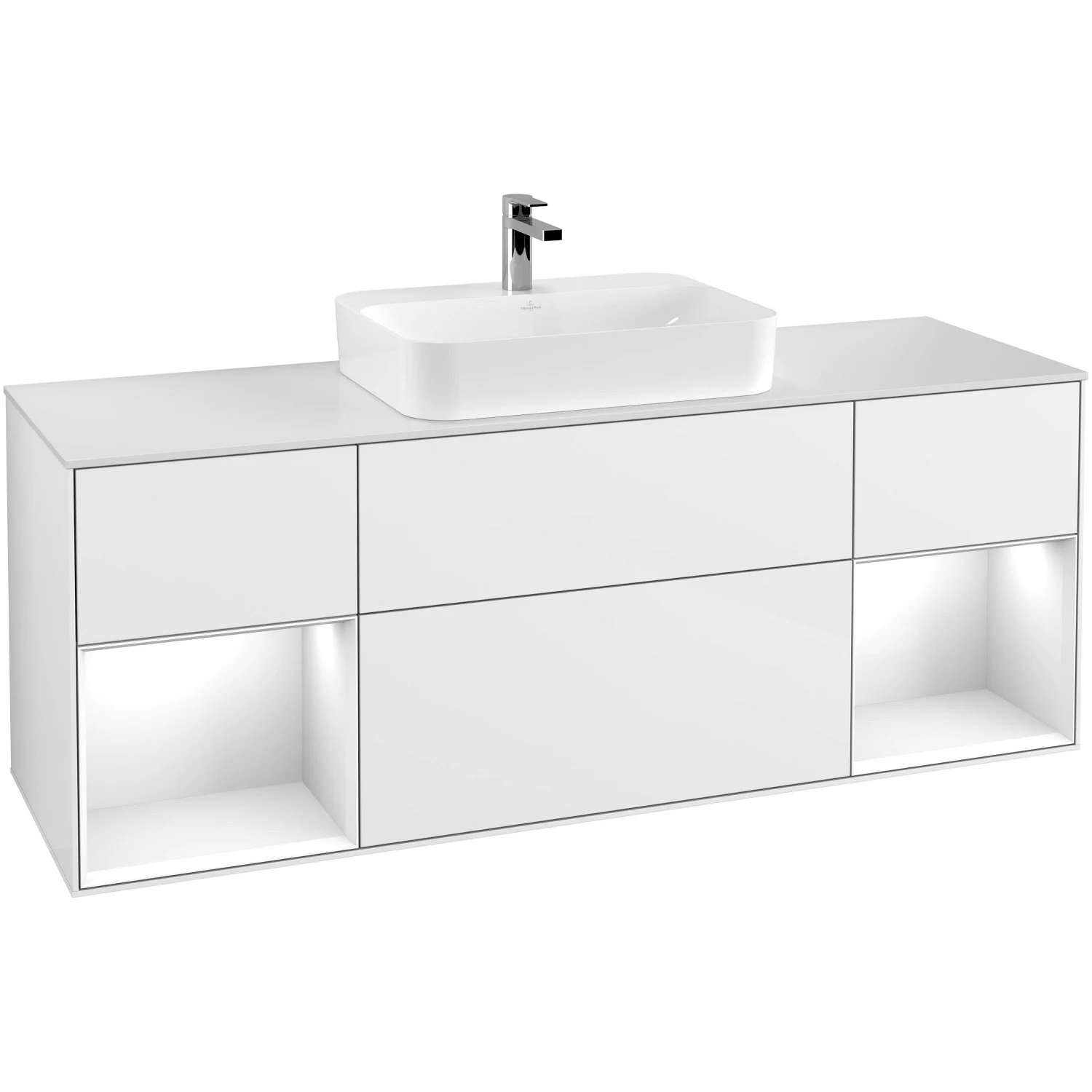 Villeroy & Boch Finion Waschtischunterschrank 160 cm mit 2 Regalelementen, Abdeckplatte, Wandbeleuchtung
