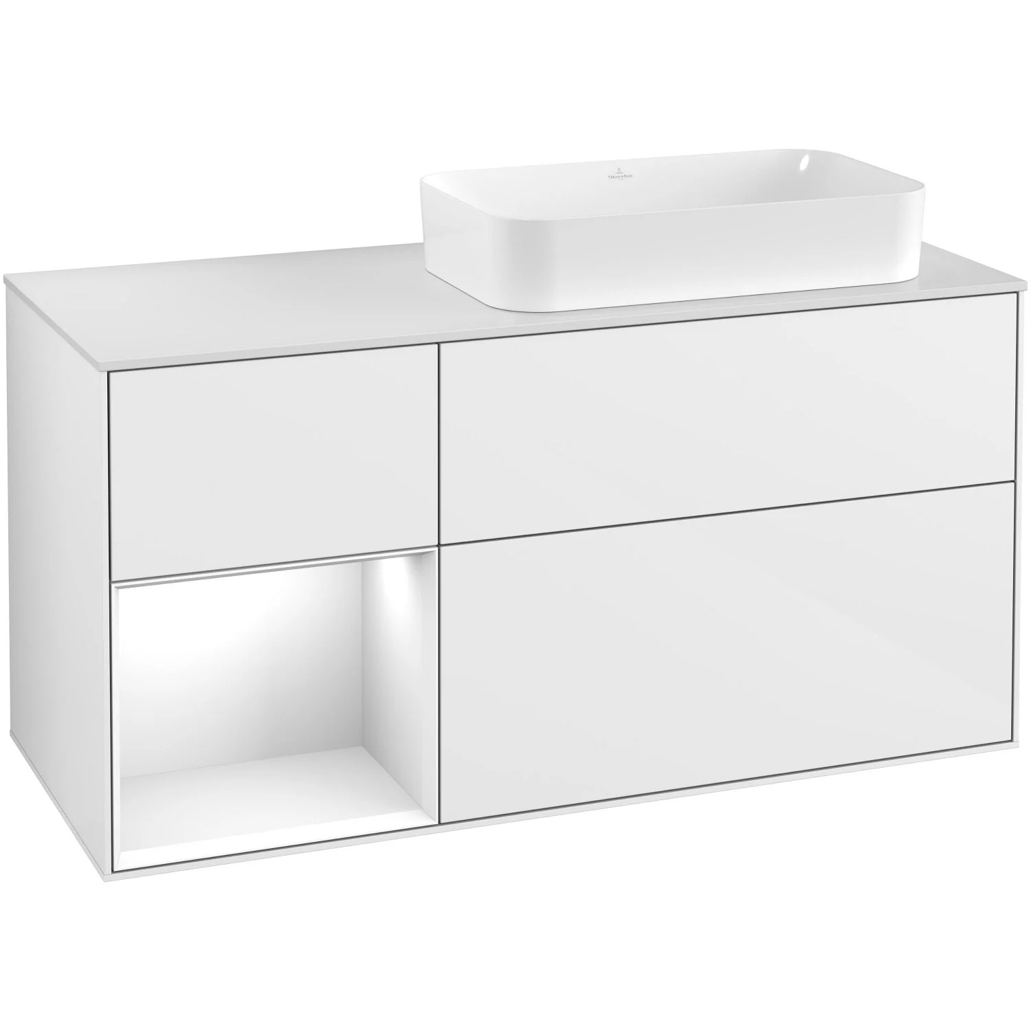 Villeroy & Boch Finion Waschtischunterschrank 120 cm mit Regalelement links, Abdeckplatte, Wandbeleuchtung