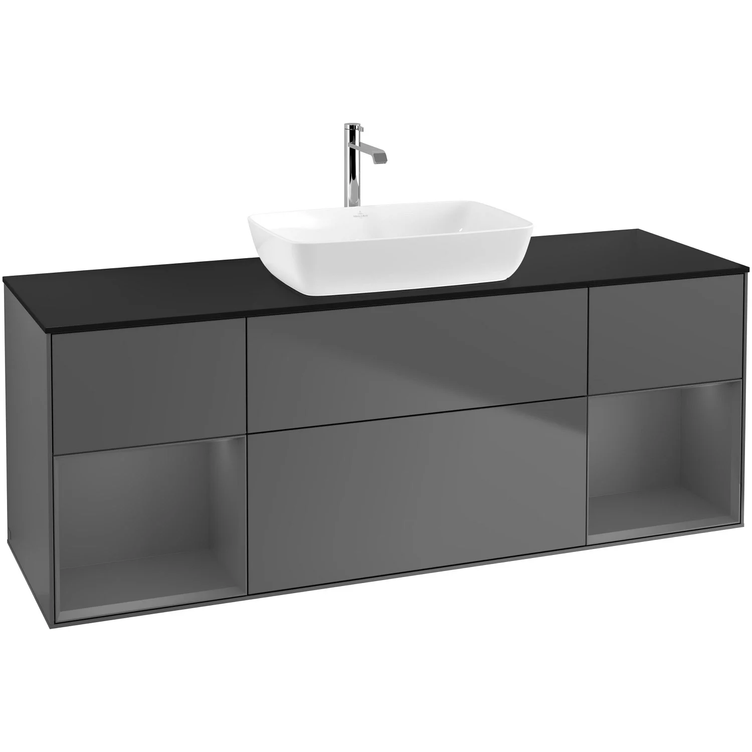 Villeroy & Boch Finion Waschtischunterschrank 160 cm mit 2 Regalelementen, Abdeckplatte, Wandbeleuchtung