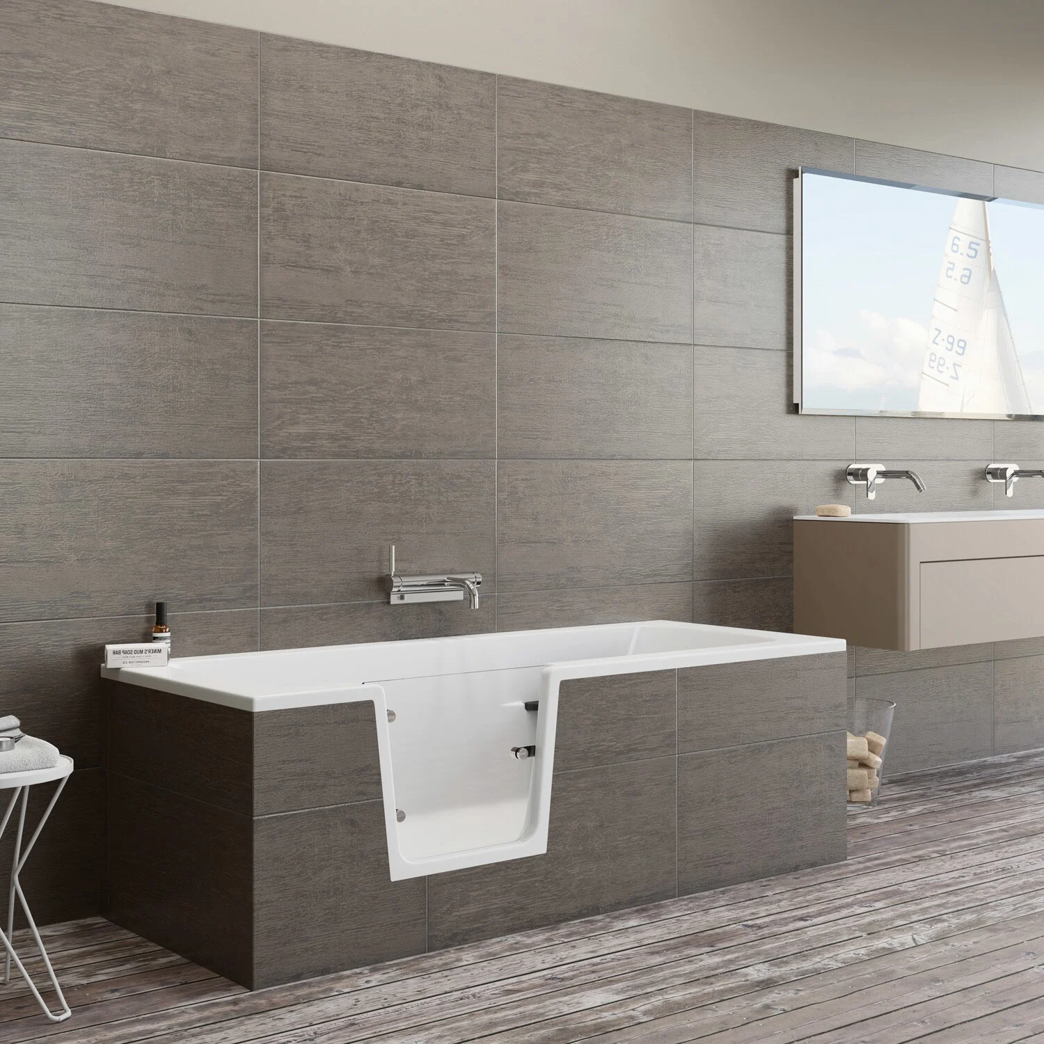 Steinkamp easy entry Badewanne 160 x 75 cm mit Glastür links, Trio Ablauf und Styrodurverkleidung