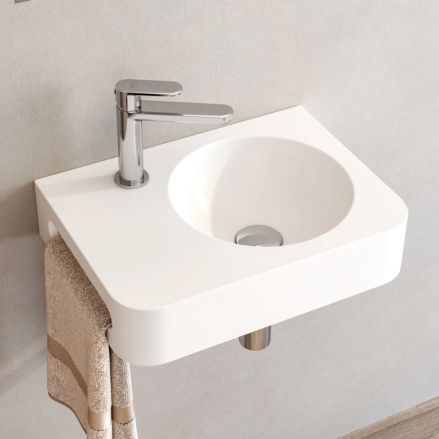 Kronenbach Stone Handwaschbecken 45 x 33 cm Becken rechts mit Hahnlochbohrung, mit Handtuchhalterung