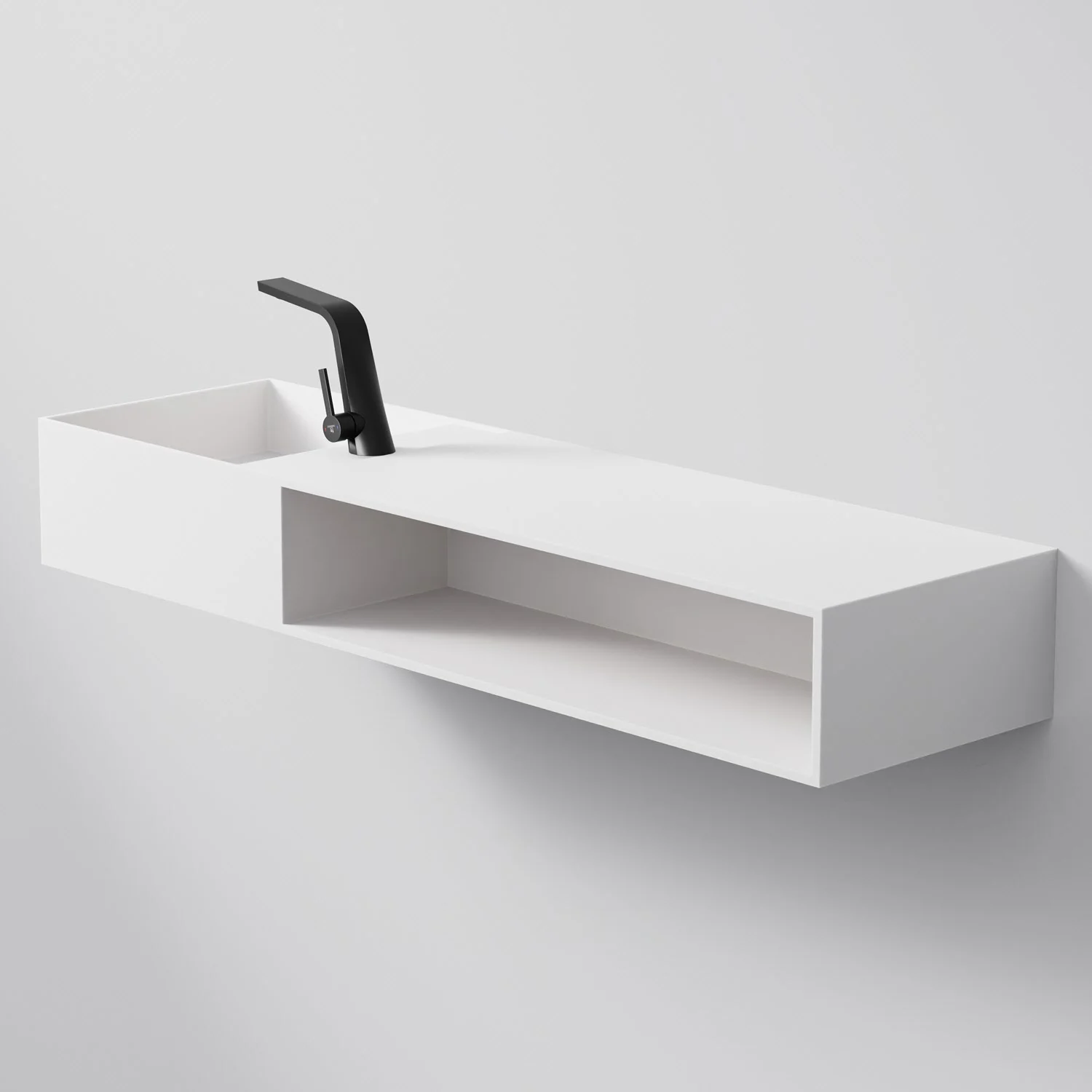 Steinberg Serie 443 Wandwaschtisch mit offenem Fach rechts aus Mineo Stone 140 x 40 cm Steinberg Serie 443 Wandwaschtisch mit offenem Fach rechts aus Mineo Stone 140 x 40 cm