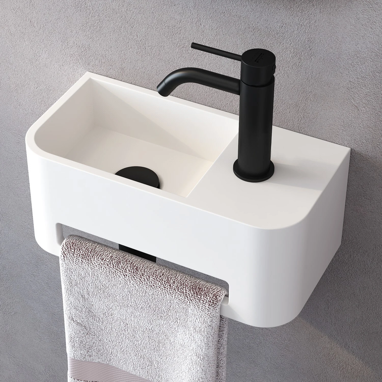 Kronenbach Stone Handwaschbecken 38 x 19 cm Becken links mit Hahnlochbohrung, mit Handtuchhalterung