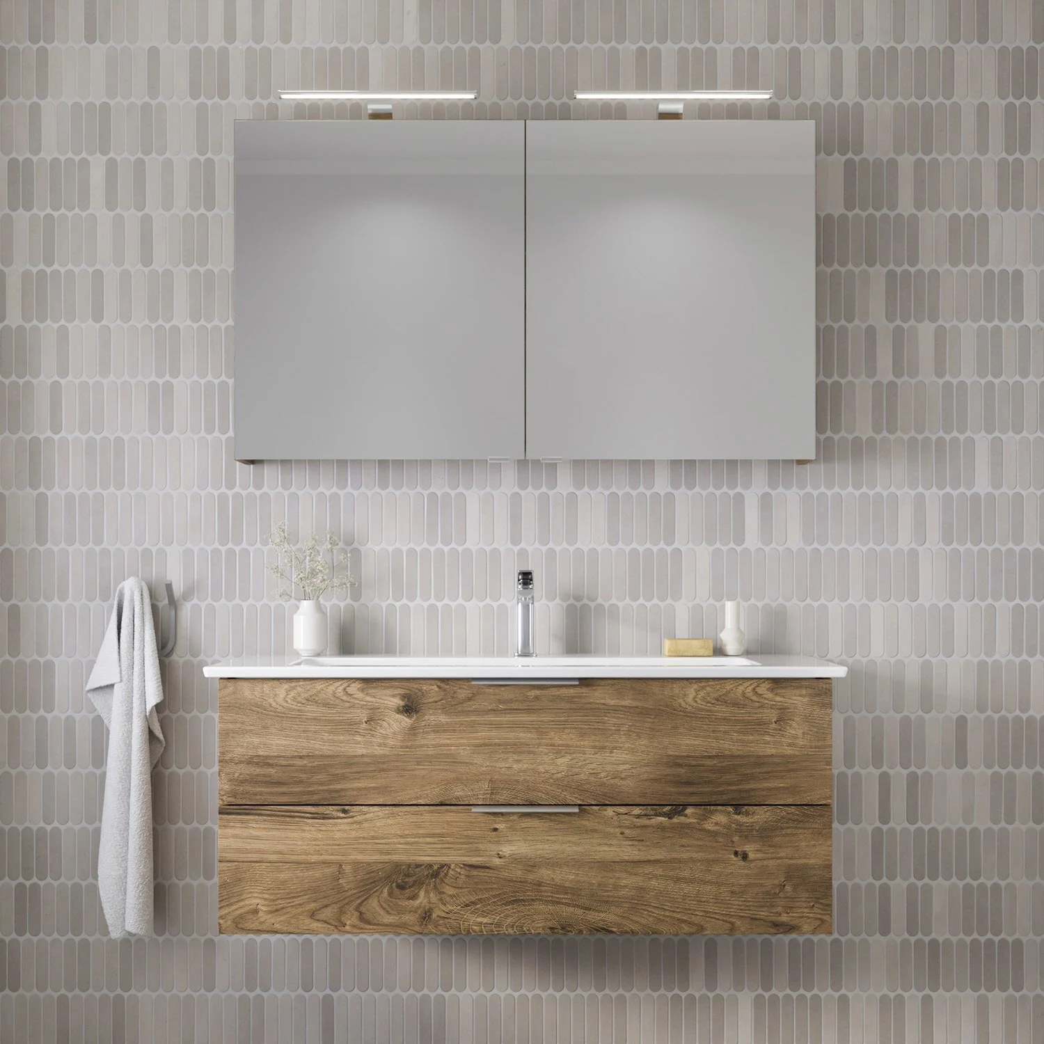 Steinkamp Living 2.0 / Villeroy & Boch Venticello CeramicPlus Badmöbel Set 120 cm mit Spiegelschrank, 2 Drehtüren