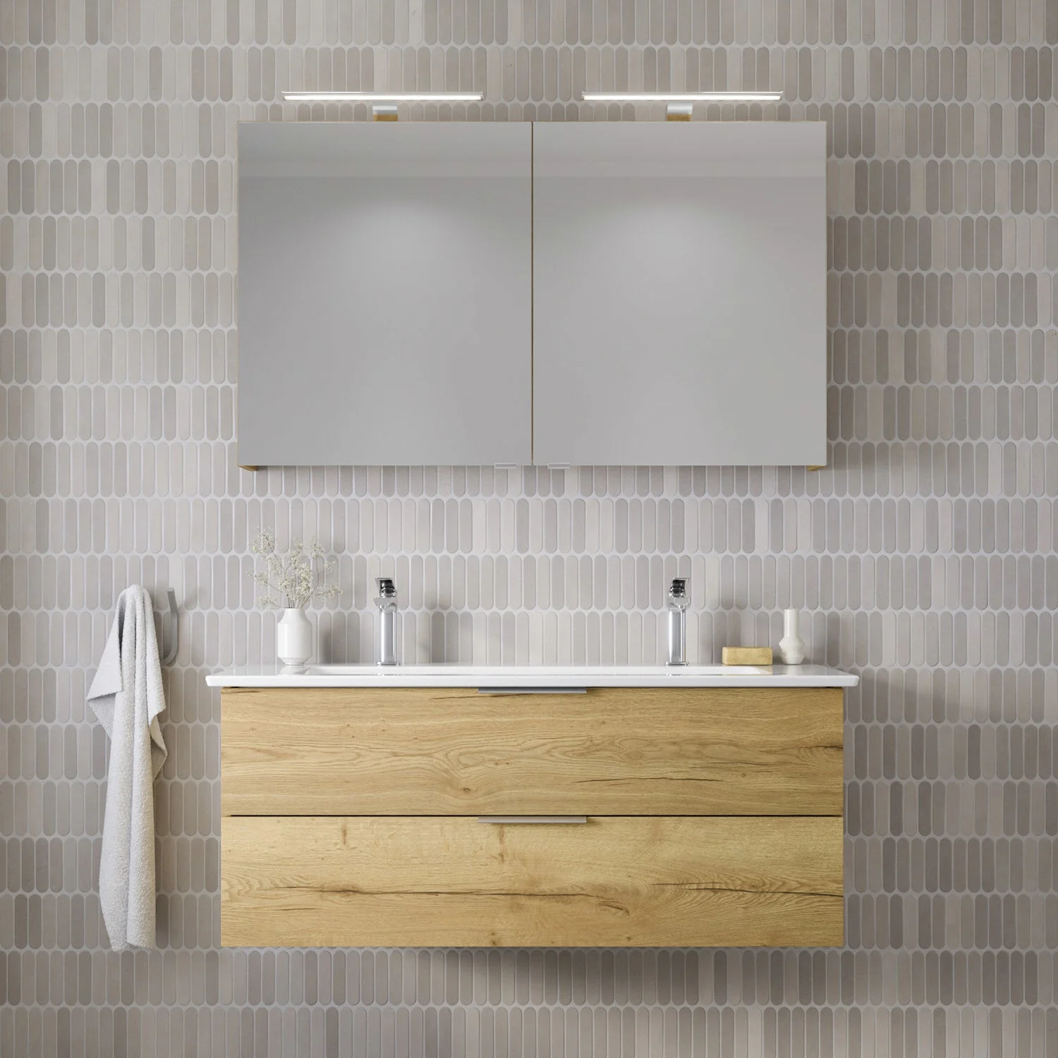 Steinkamp Living 2.0 / Villeroy & Boch Venticello CeramicPlus Badmöbel Set 120 cm mit Spiegelschrank, 2 Drehtüren