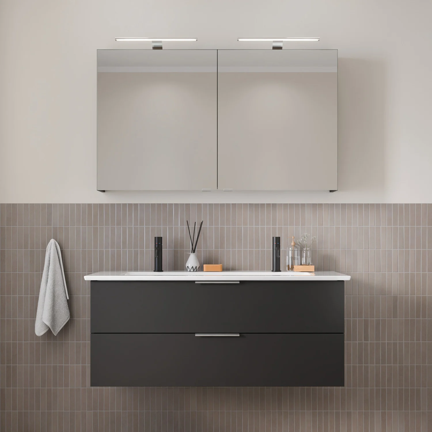 Steinkamp Living 2.0 / Villeroy & Boch Venticello CeramicPlus Badmöbel Set 120 cm mit Spiegelschrank, 2 Drehtüren