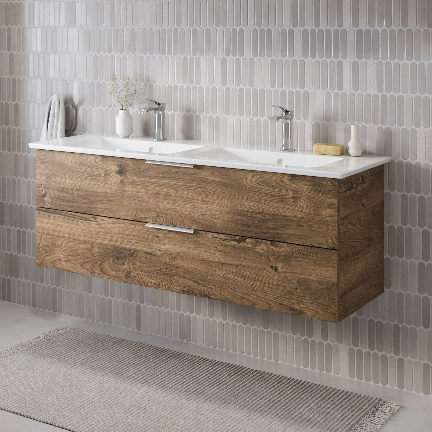 Steinkamp Living 2.0 Waschtischunterschrank 125 cm mit Villeroy & Boch Venticello Doppel-Waschtisch 130 cm CeramitPlus mit Überlauf