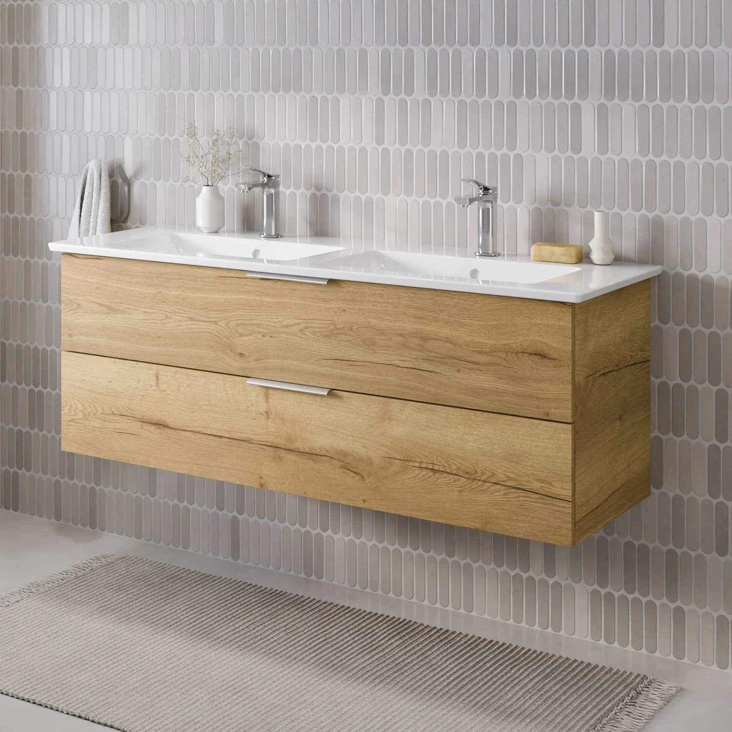 Steinkamp Living 2.0 Waschtischunterschrank 125 cm mit Villeroy & Boch Venticello Doppel-Waschtisch 130 cm CeramitPlus mit Überlauf