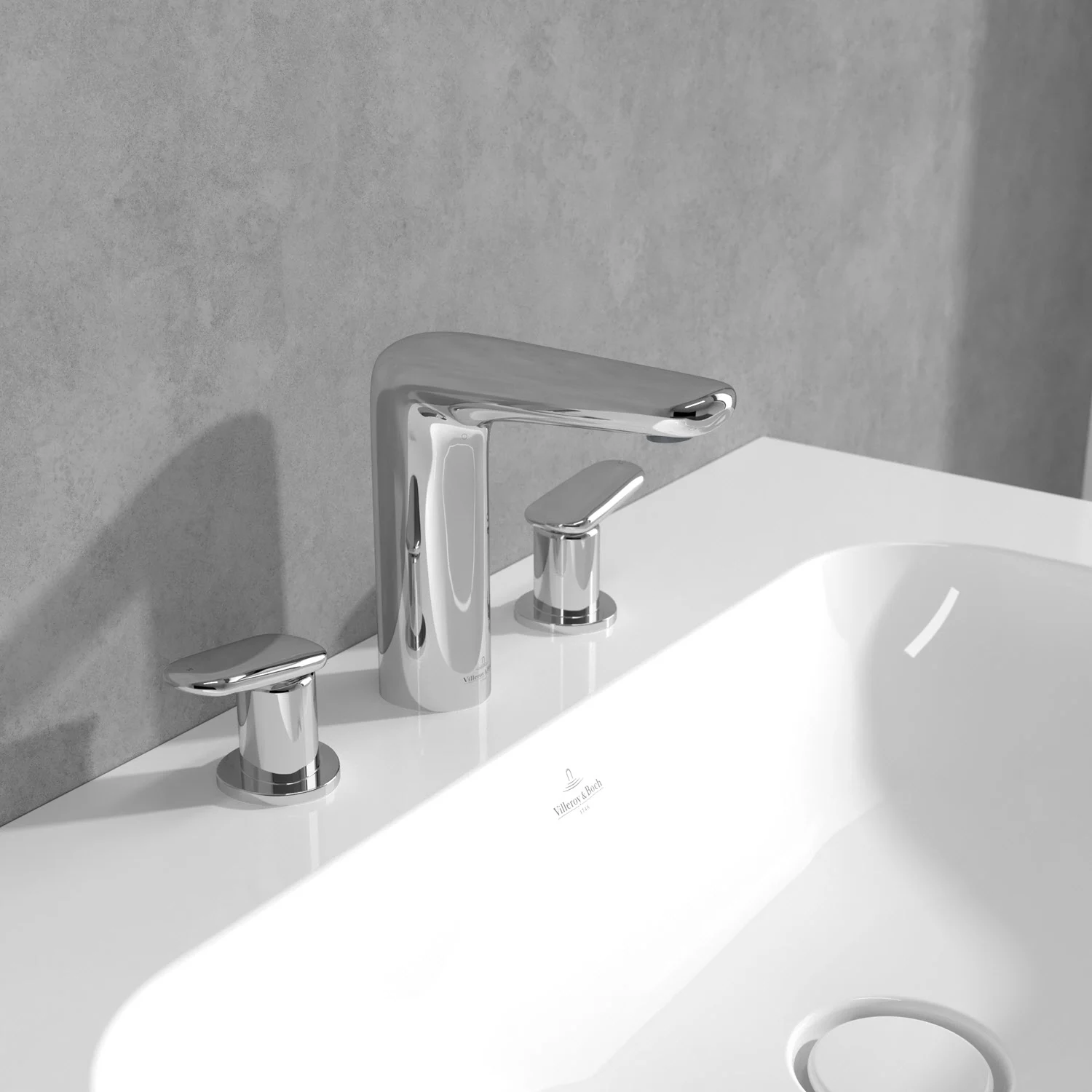 Chromowana bateria na białej umywalce, Villeroy & Boch