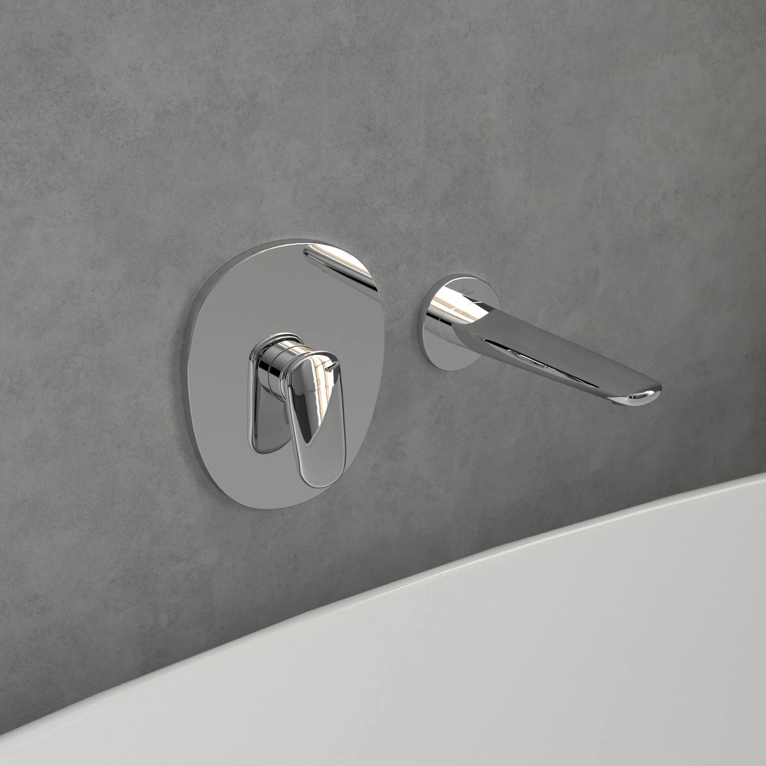 Chromowana armatura na szarej ścianie łazienki, Villeroy & Boch