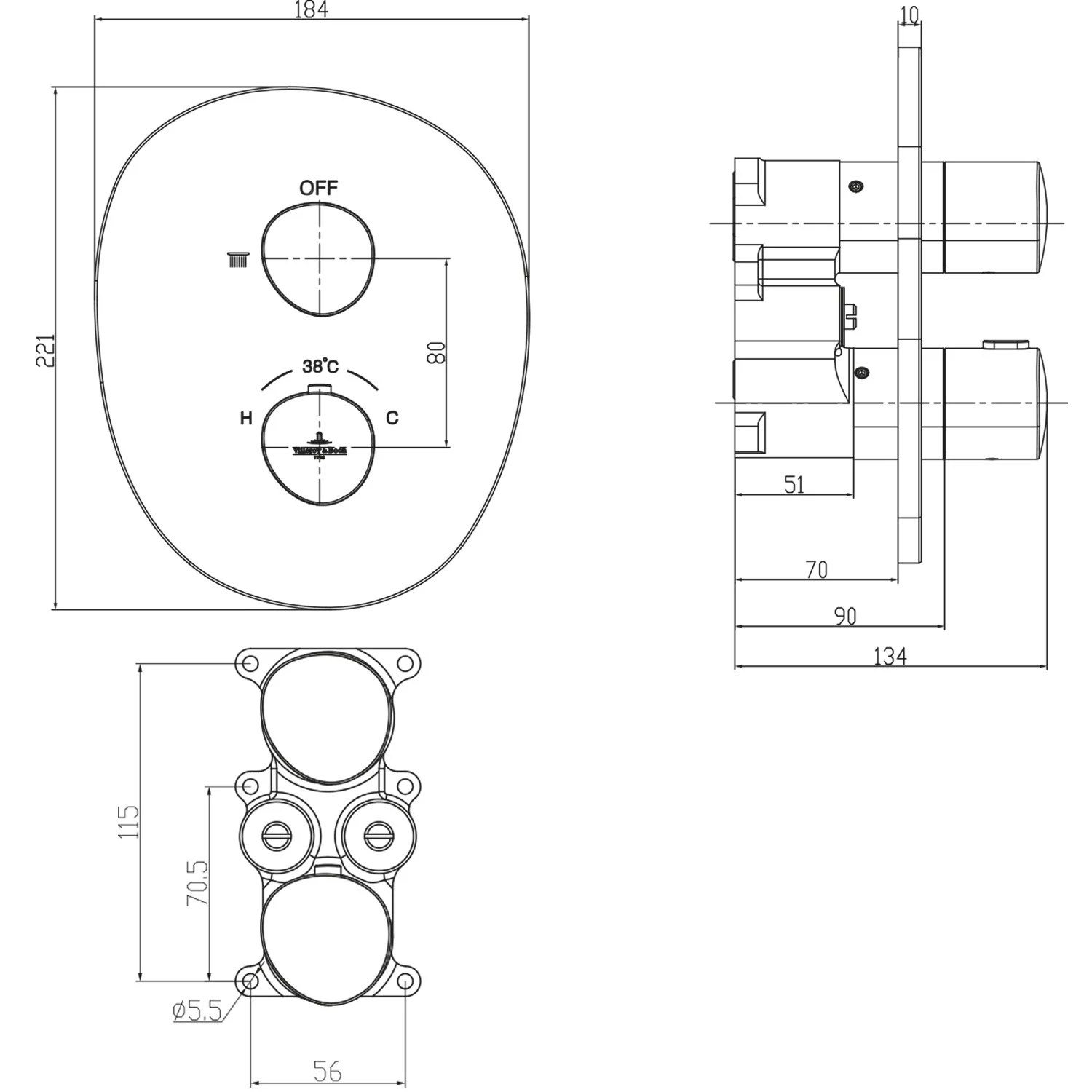 Rysunek techniczny armatury z wymiarami, Villeroy & Boch