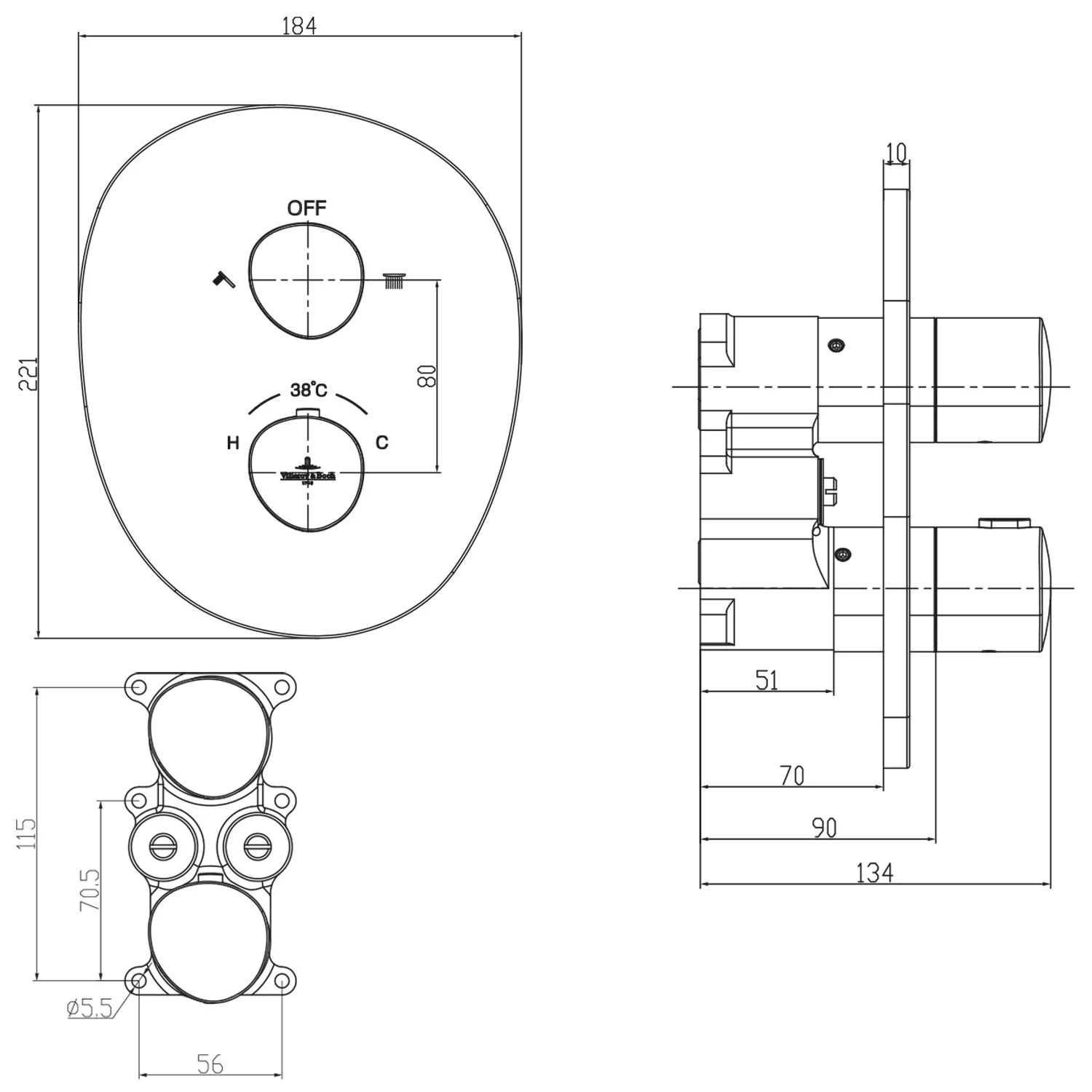 Rysunek techniczny zaworu termostatycznego z wymiarami, Villeroy & Boch