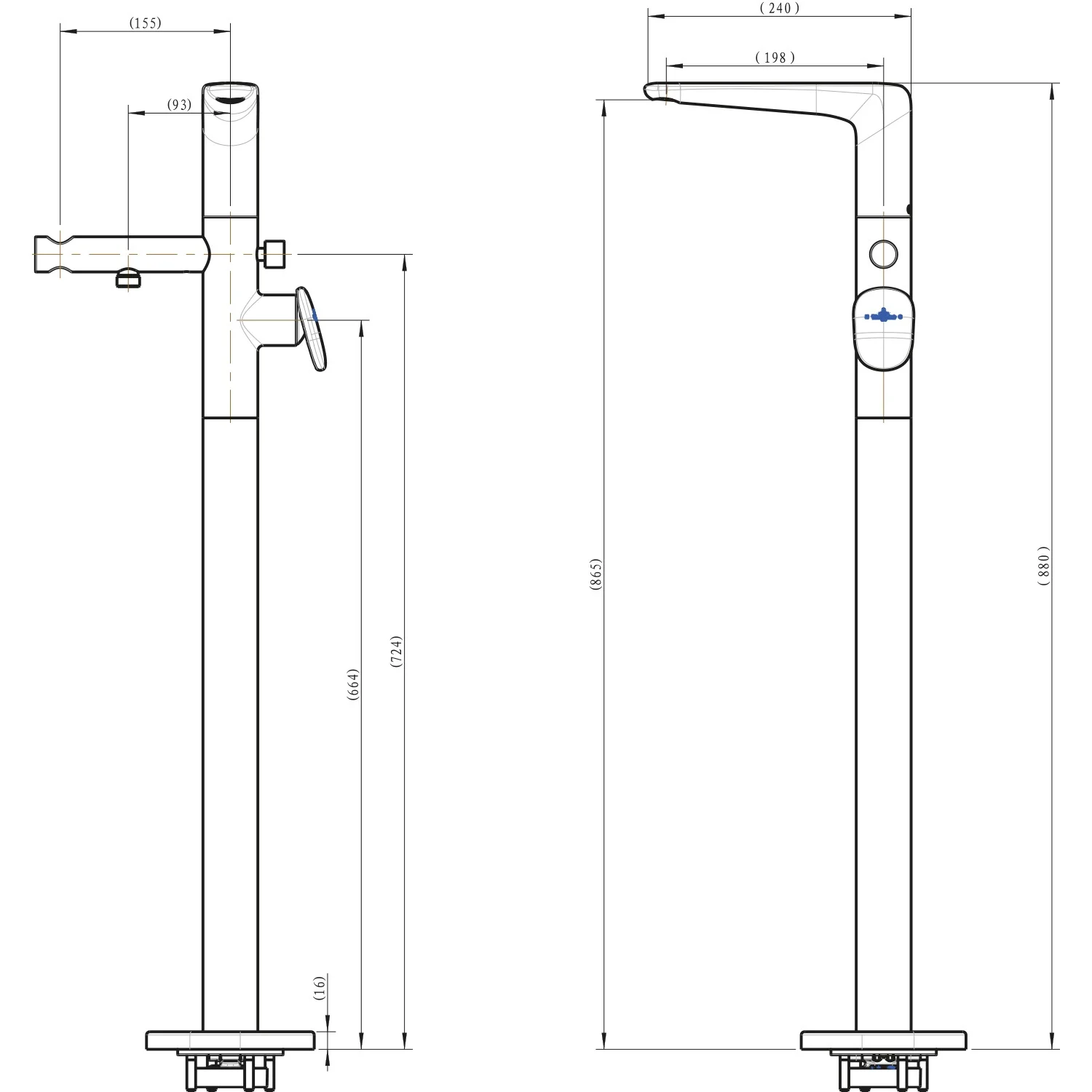 Rysunek techniczny baterii z wymiarami, Villeroy & Boch