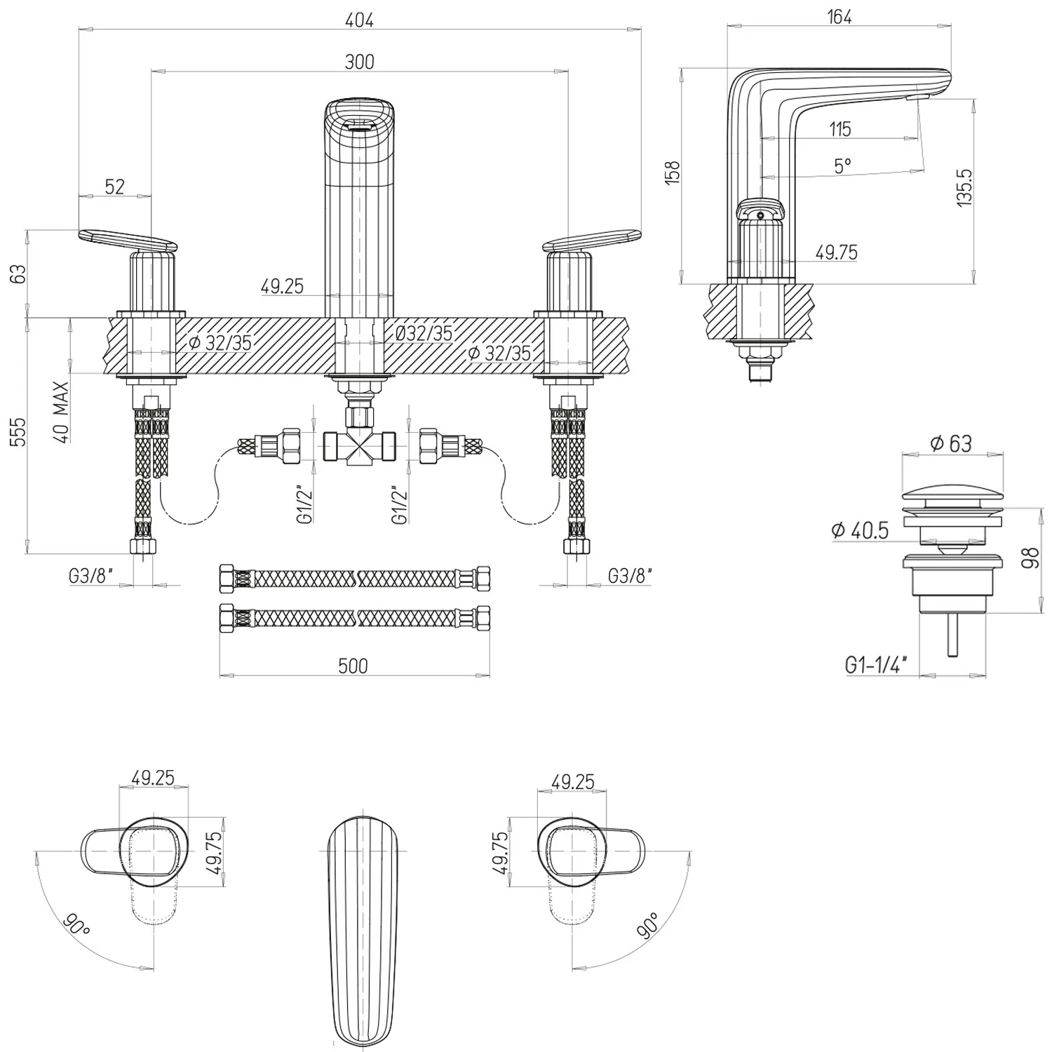 Rysunek techniczny baterii z wymiarami, Villeroy & Boch