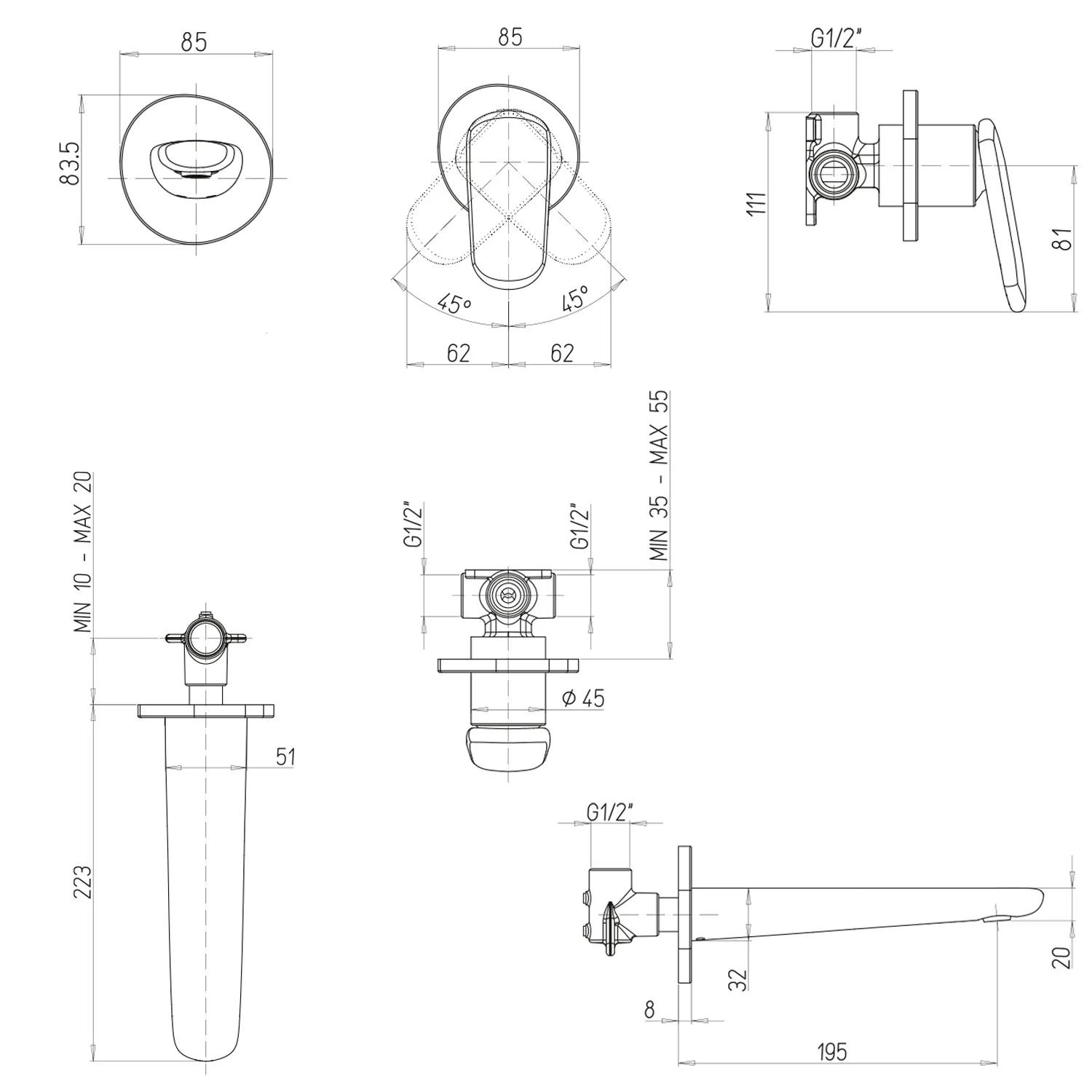 Rysunek techniczny baterii z wymiarami, Villeroy & Boch