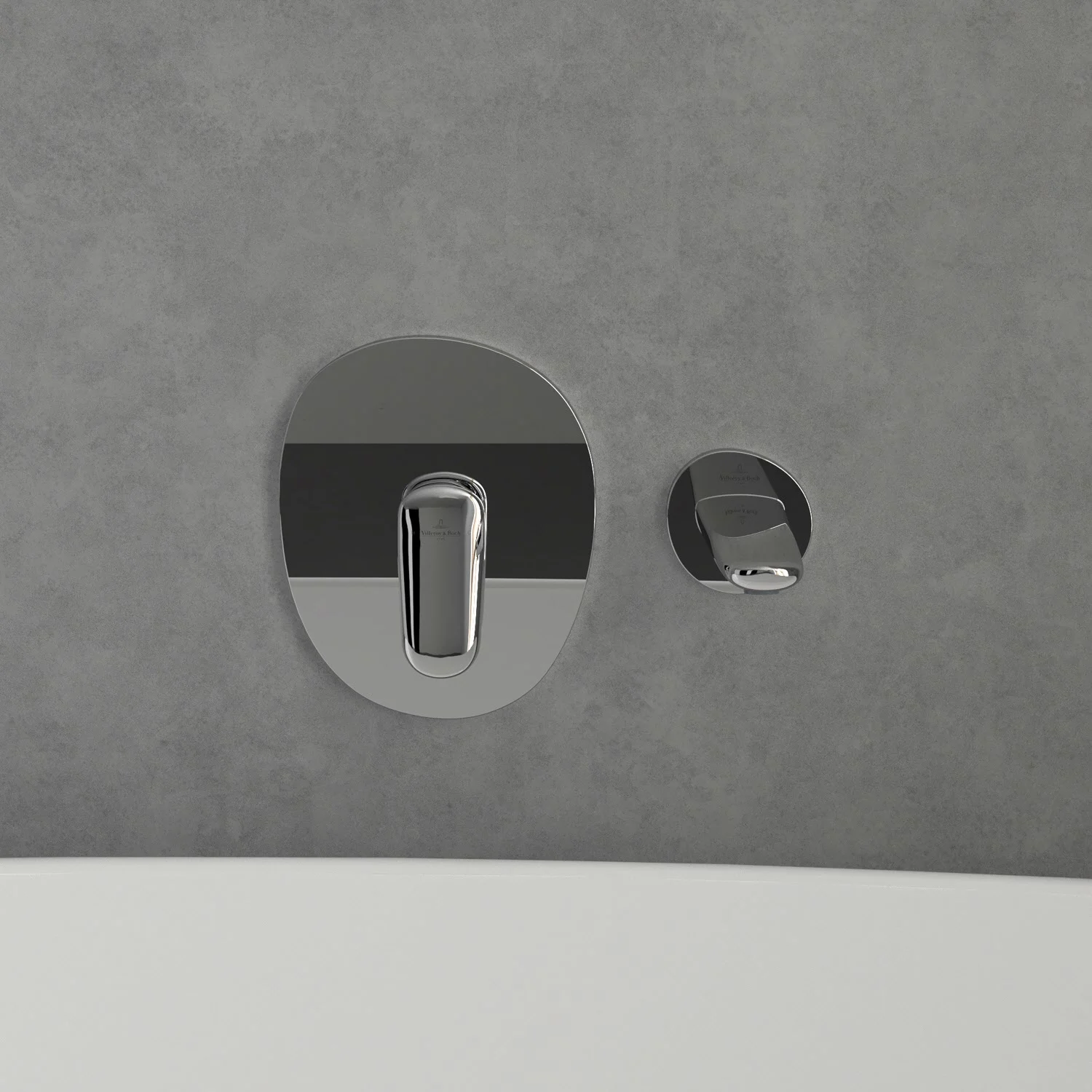 Zbliżenie chromowanej baterii na ścianie, Villeroy & Boch