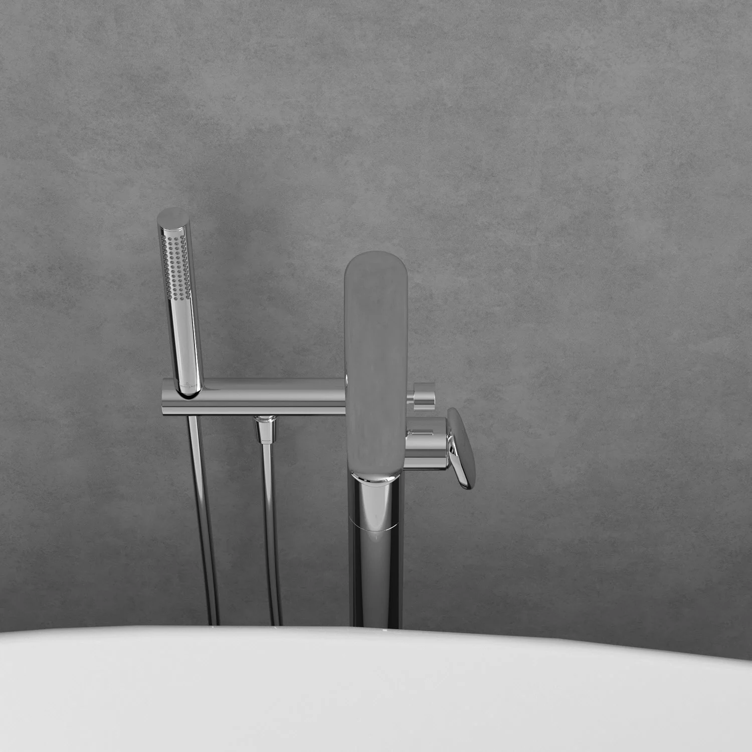Chromowana bateria w widoku z lotu ptaka na szarym tle, Villeroy & Boch