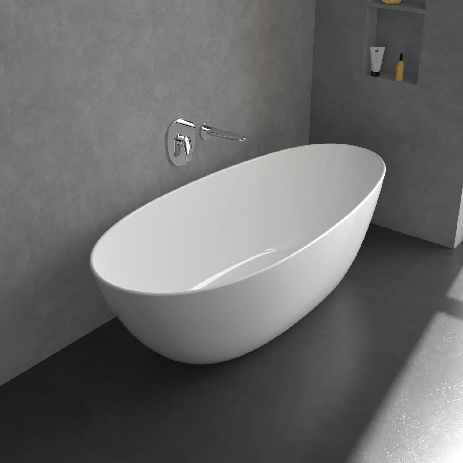 Biała wanna z baterią ścienną w nowoczesnej łazience, Villeroy & Boch