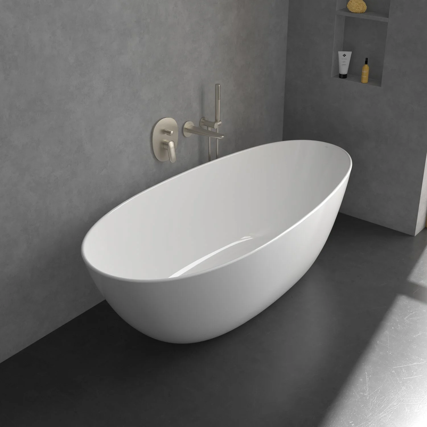 Biała wanna z beżową baterią w nowoczesnej łazience, Villeroy & Boch